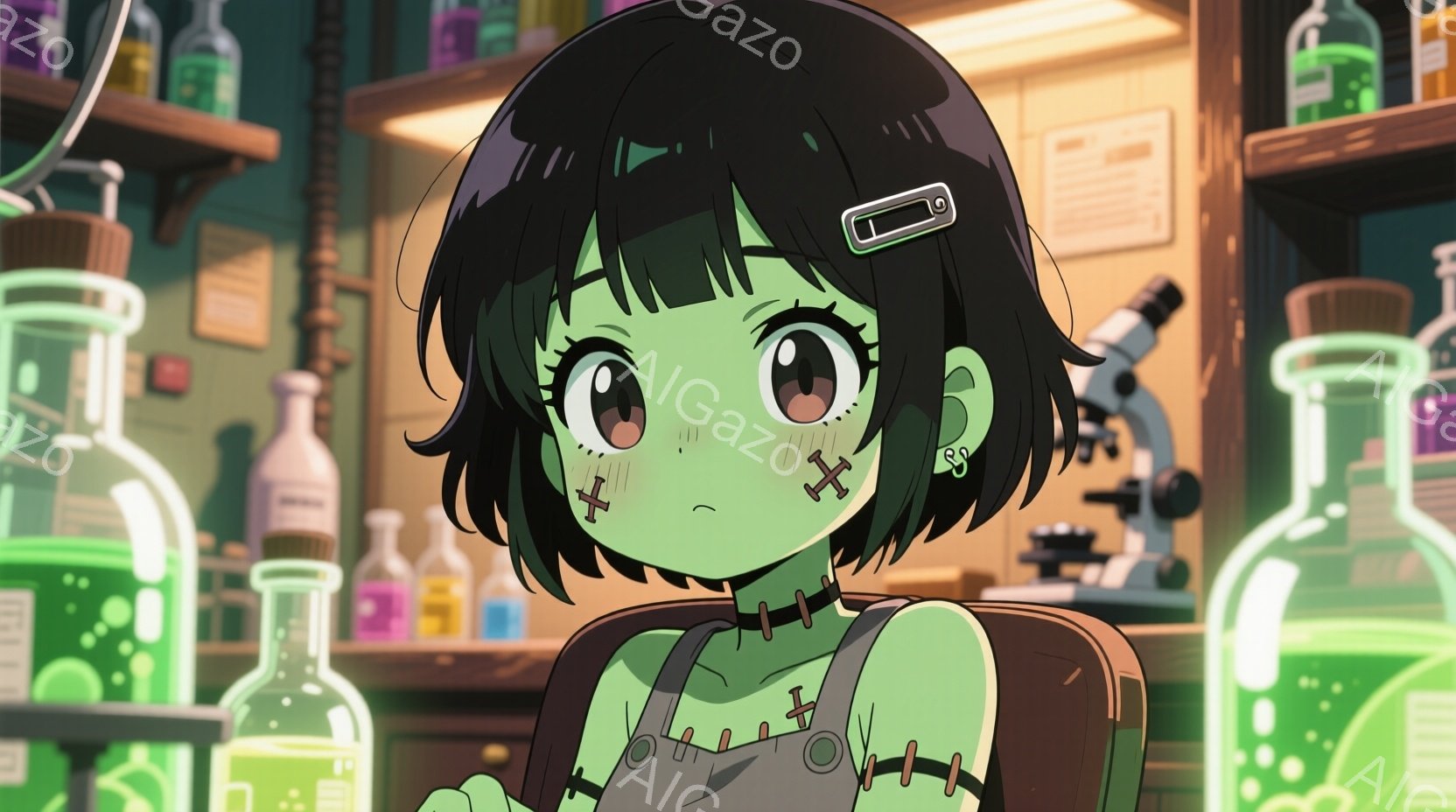 緑色の肌をしたアニメキャラクターが描かれています。彼女は短い黒髪で、頭にヘアピンをつけています。縫い目のような装飾が施された服を着ており、少し憂いのある表情をしています。