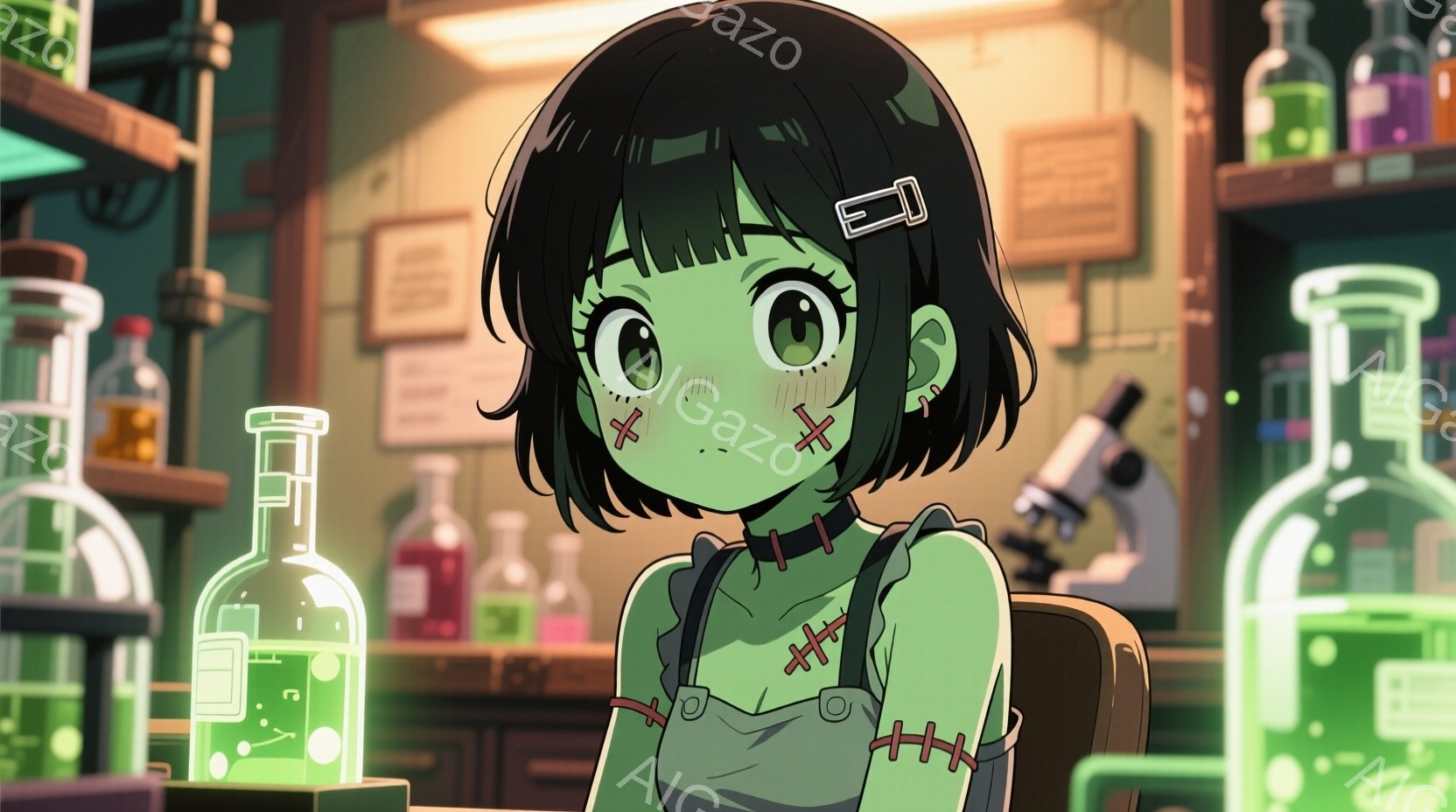 緑色の肌をした若い女性が描かれており、ミステリアスな雰囲気を醸し出しています。彼女はステッチで縫い付けられたワンピースを着ており、髪は肩までの長さで黒髪、前髪はぱっつんカットです。背景には試験管や実験 - AI生成フリー素材