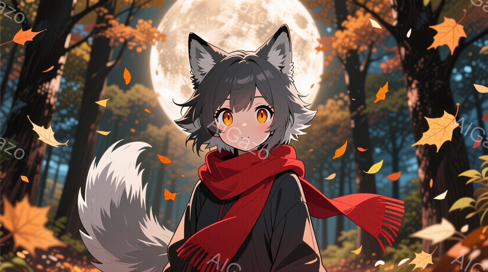 灰色の髪と動物のような耳を持つ若い女性が描かれています。彼女は黒いセーターと赤いスカーフを身に着け、少し憂いを帯びた表情でこちらを見ています。背景には、落ち葉が舞い散る森林と、明るい満月が幻想的な雰囲気を作り出しています。