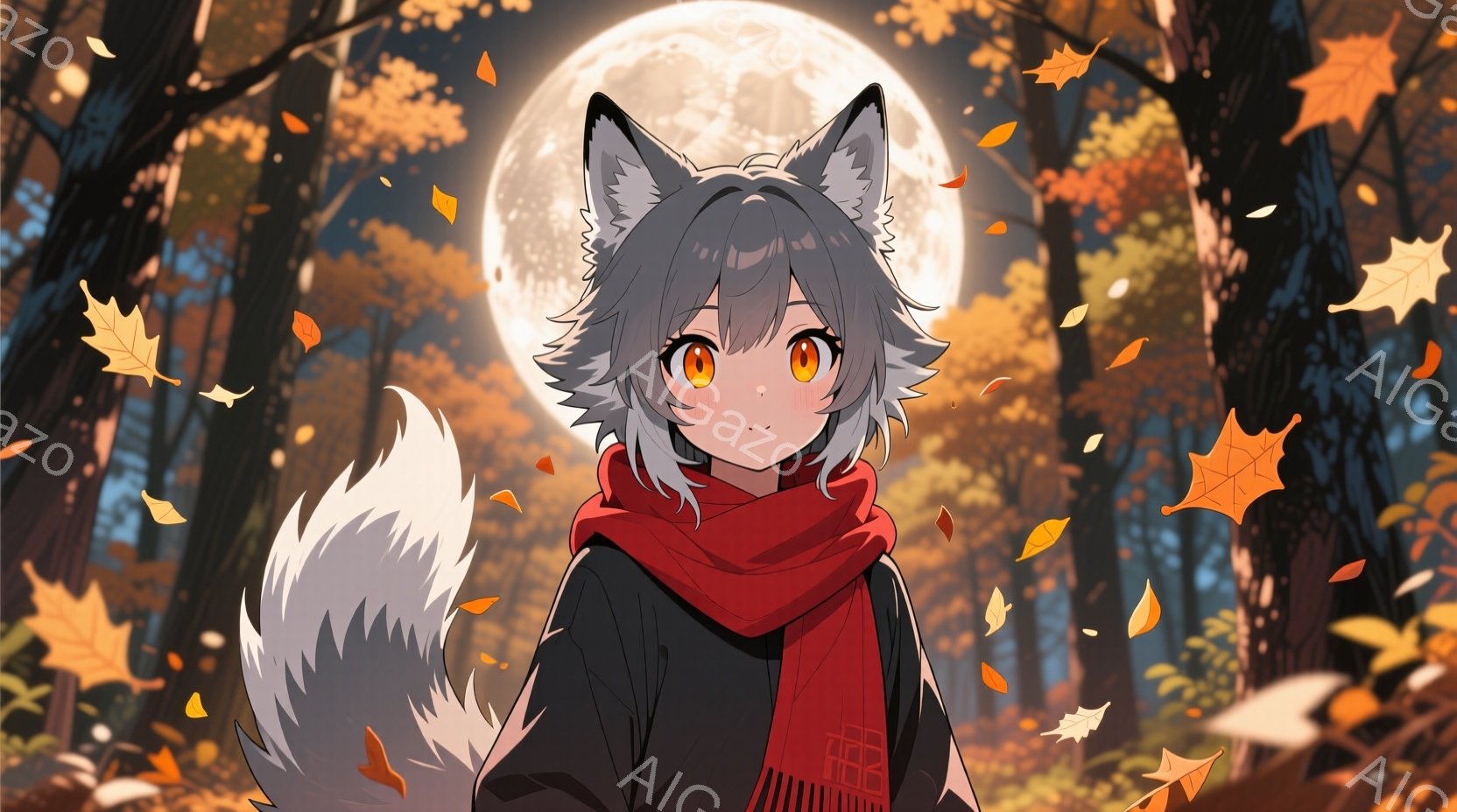 白い毛並みと灰色の耳を持つ少女が描かれています。彼女は黒いジャケットに赤いスカーフを巻き、少し微笑んだ表情で正面を見つめています。背景には木々が生い茂る森が広がり、落ち葉が舞い、満月が明るく照らしてい - AI生成フリー素材