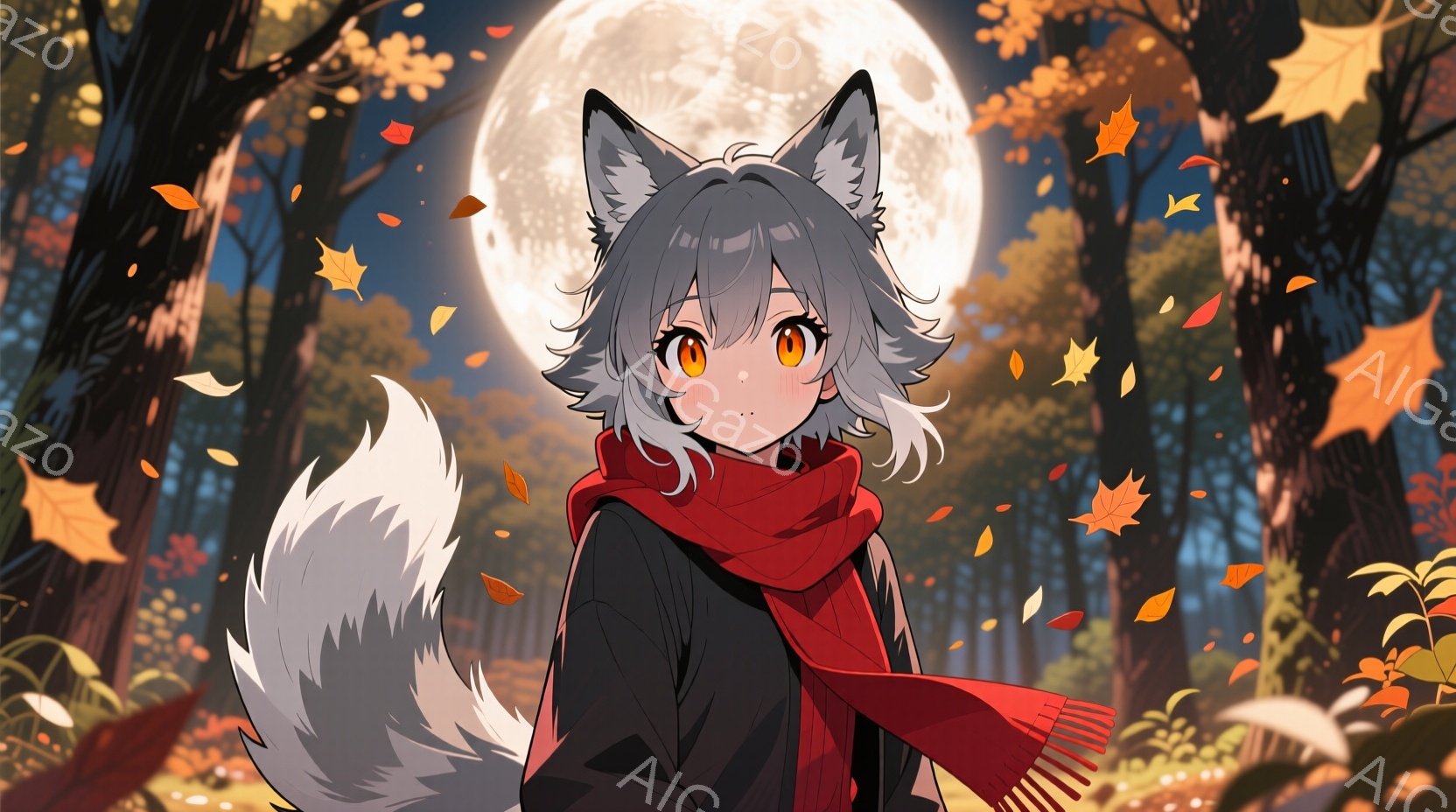 灰色の髪と尻尾を持つ女性が描かれており、黒いジャケットに赤いマフラーを巻いています。彼女は前を見据え、わずかに微笑んでおり、瞳は鮮やかなオレンジ色です。背景は秋の森で、落ち葉が舞い、満月が輝き、全体的に幻想的で温かい雰囲気が漂っています。