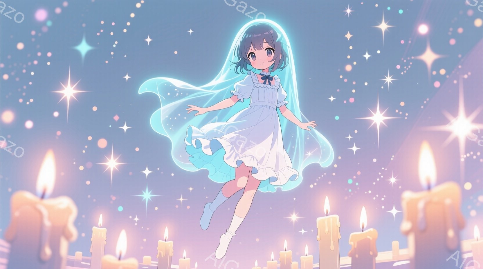 青い背景に、リボンとフリルが飾られた淡い水色のワンピースを着た少女が宙に浮いています。彼女は黒髪で、少し微笑んでおり、柔らかく優しい表情をしています。背景にはきらめく星と、ぼんやりと見えるロウソクの光 - AI生成フリー素材