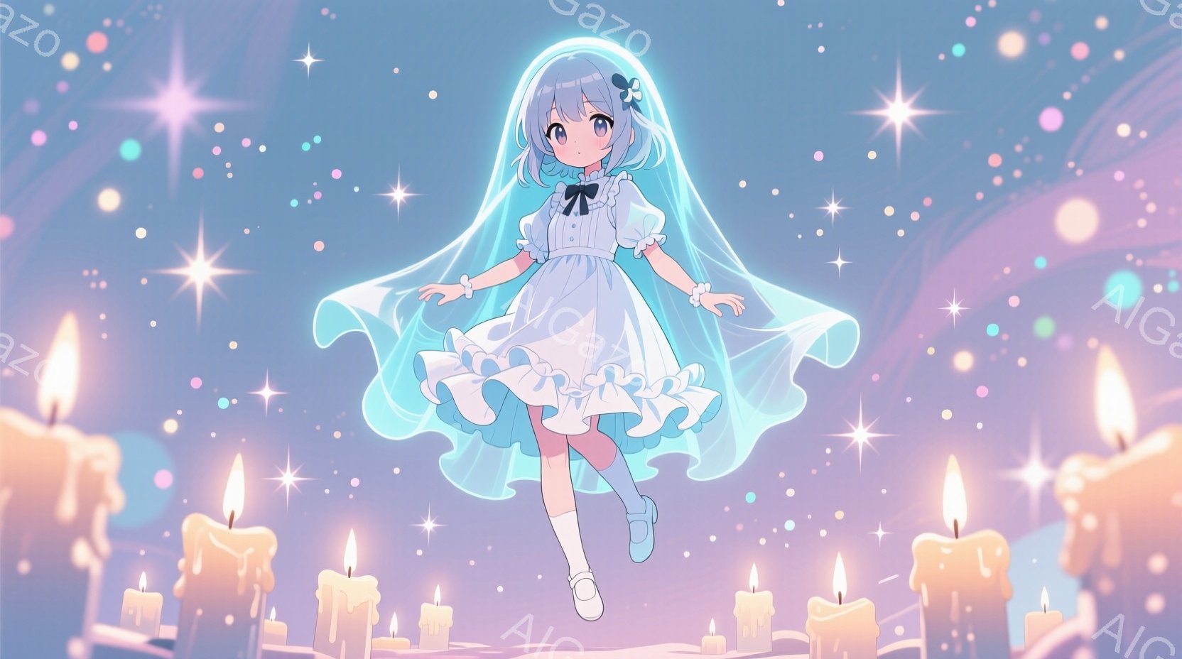 淡い水色のフリル付きのワンピースを着た少女が、宙に浮いて描かれている。白い髪にリボンをつけ、優しい表情で両手を広げ、まるで天使のような姿をしている。背景には燃える蝋燭と、きらめく星が散りばめられ、幻想 - AI生成フリー素材