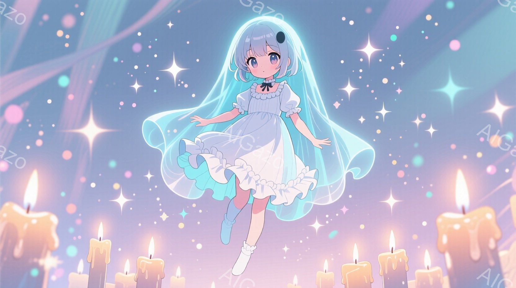 淡いピンクと紫がかった背景に、ふわふわとしたドレスを着た少女が描かれています。彼女は白髪のような髪をリボンで結い、まるで浮遊しているかのように足をわずかに浮かせています。周りにはキラキラと輝く光と、ぼんやりとしたロウソクの光が散りばめられ、幻想的な雰囲気を醸し出しています。