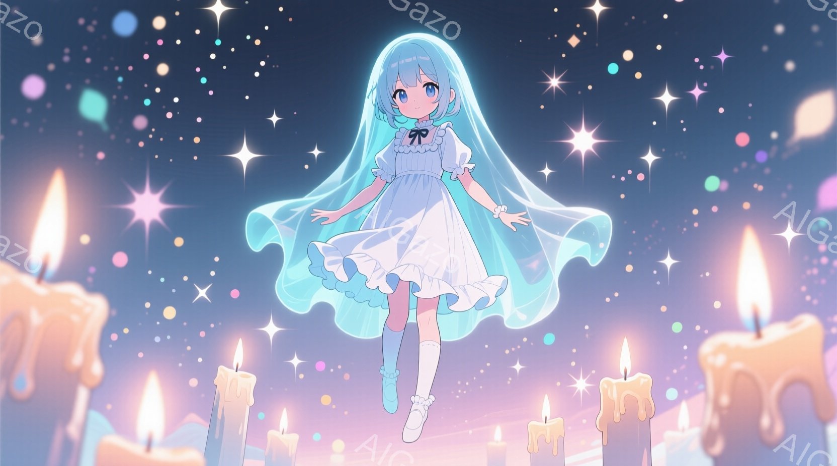 明るい水色の髪と瞳を持つ少女が描かれています。白いフリル付きのワンピースと、同じくフリルが施された長いリボンを身につけ、宙に浮いて足元に光の道を残しながら歩いているようです。背景にはぼやけたキャンドル - AI生成フリー素材