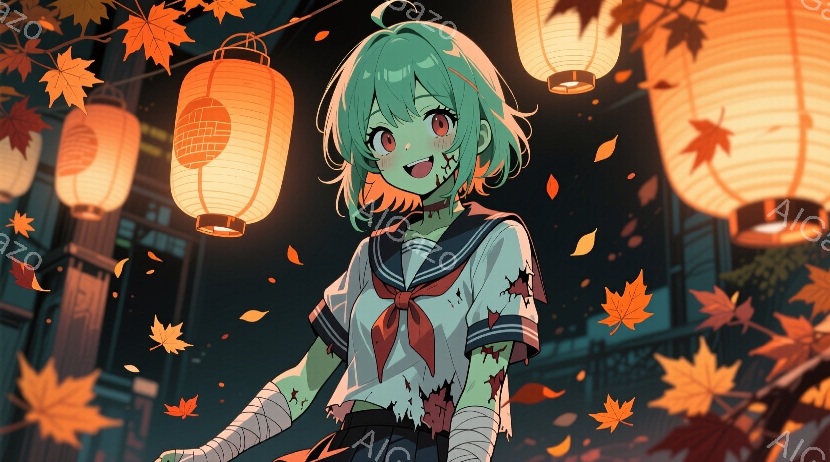 緑色の髪をした少女が描かれており、セーラー服を着ています。彼女は口を開けて微笑んでおり、手には包帯が巻かれています。背景にはオレンジ色の提灯が吊り下げられ、紅葉が舞い散る薄暗い夜の街並みが広がっています。