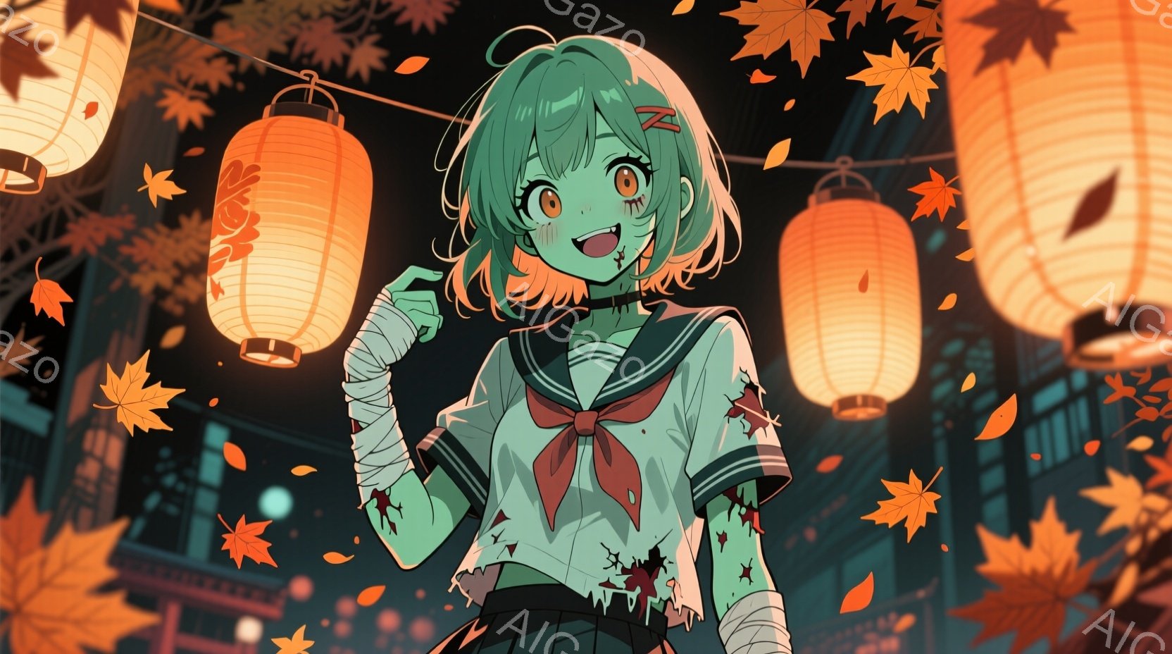 明るいオレンジ色の提灯が散りばめられた夜の背景に、緑色の髪の少女が立っています。彼女はセーラー服を着ており、服には血痕のような模様があります。少女は右腕に包帯を巻き、口元に血が滲んでいるように見え、どこか不気味ながらも可愛らしい雰囲気を醸し出しています。