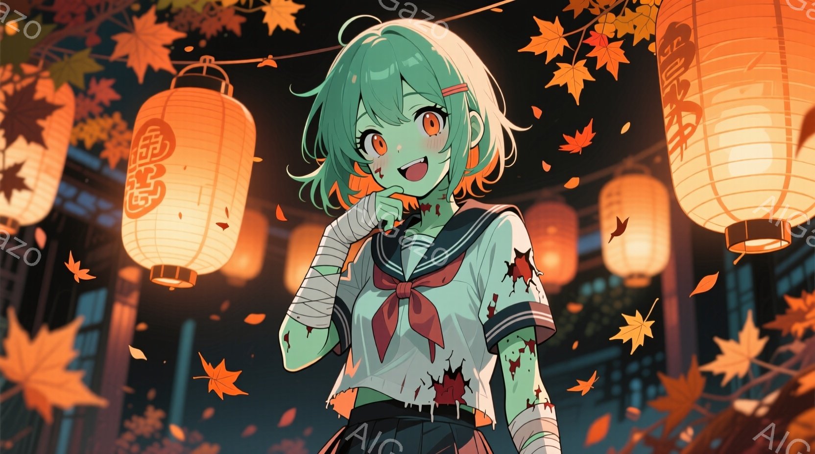緑色の髪をした少女が描かれており、擦り傷や血痕のある白いセーラー服を着ています。彼女は片手を顔の横に当て、少し微笑んでおり、包帯で腕が巻かれています。背景には、燃え盛るような赤色の提灯が多数並び、舞い散る紅葉が秋の夜の幻想的な雰囲気を醸し出しています。