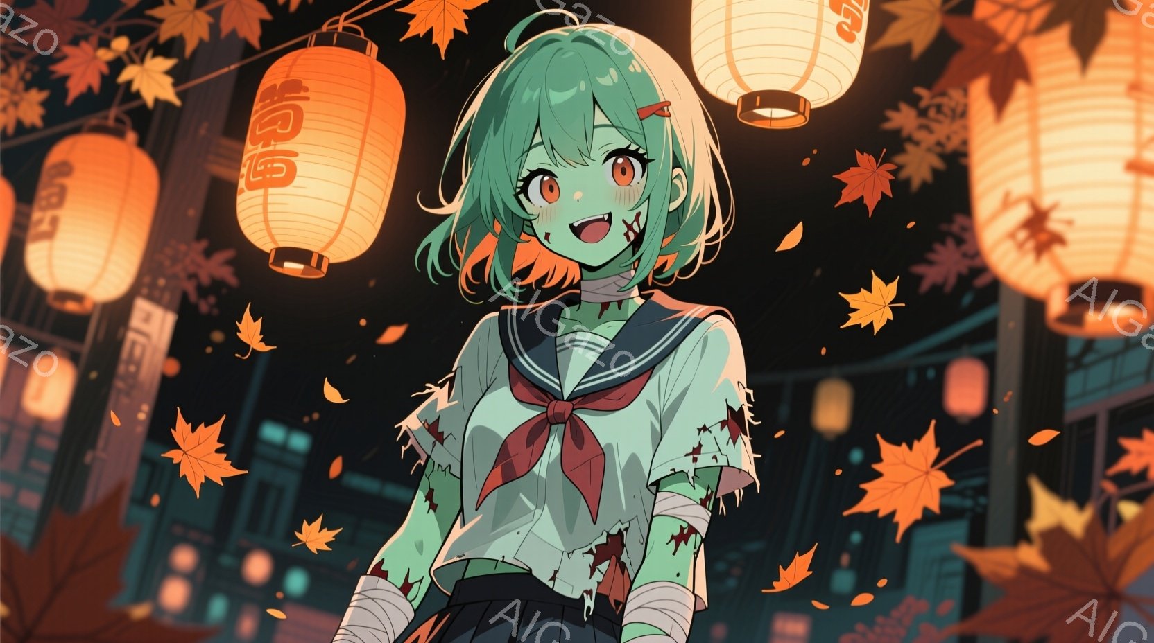 翠色の髪の少女が描かれており、短いボブヘアに赤いリボンをつけている。彼女は白いブラウスとネクタイ、そして黒いスカートという制服のような服装をしており、腕には包帯が巻かれている。背景には日本の街並みと、 - AI生成フリー素材