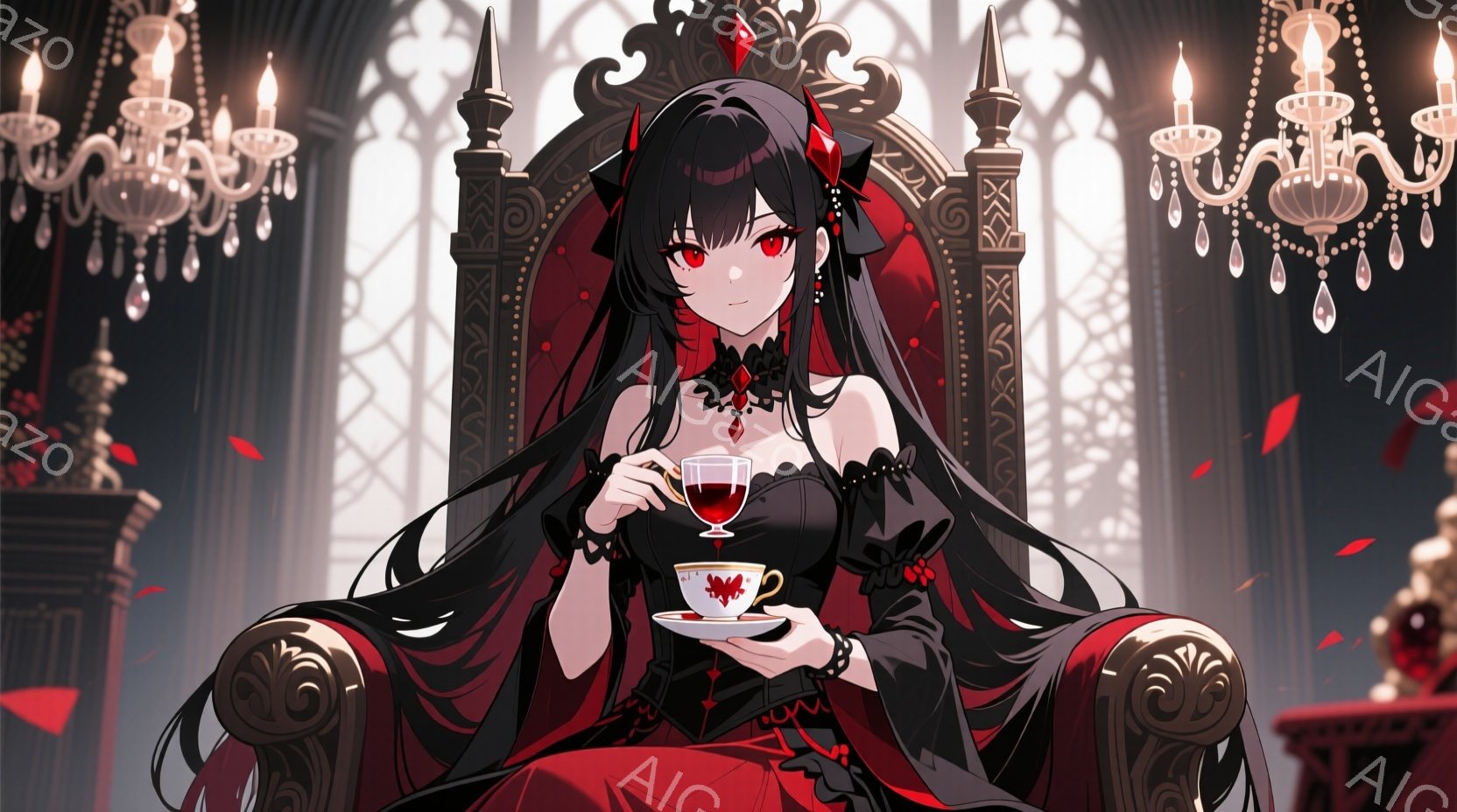 長い黒髪の少女が、赤と黒の豪華なドレスを着て、豪華な椅子に座っている。彼女は赤い瞳で微笑み、片手にティーカップとソーサーを持っている。背景にはゴシック様式の建築と装飾が施されており、全体的に神秘的で高貴な雰囲気を醸し出している。