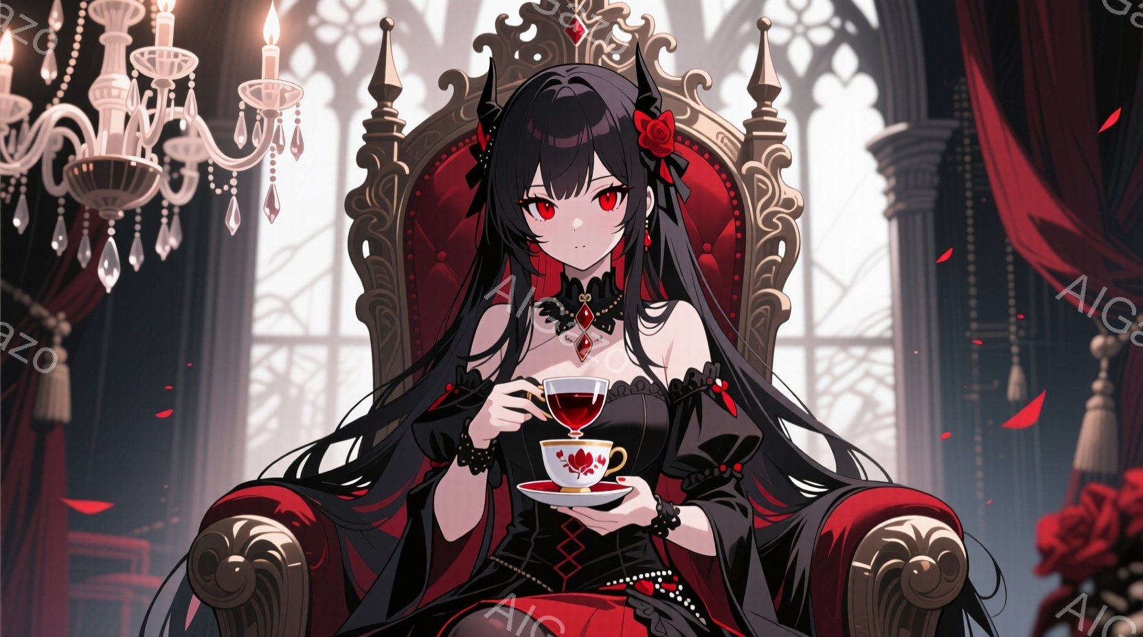黒髪の女性が、豪華な赤い椅子に座り、赤い液体が入ったカップを手に持っています。彼女は黒いレースとリボンで飾られたドレスを着ており、鋭い眼差しでこちらを見つめています。背景には、高いアーチ状の窓とシャンデリアがあり、赤いバラの花びらが舞い散る幻想的な雰囲気が漂っています。
