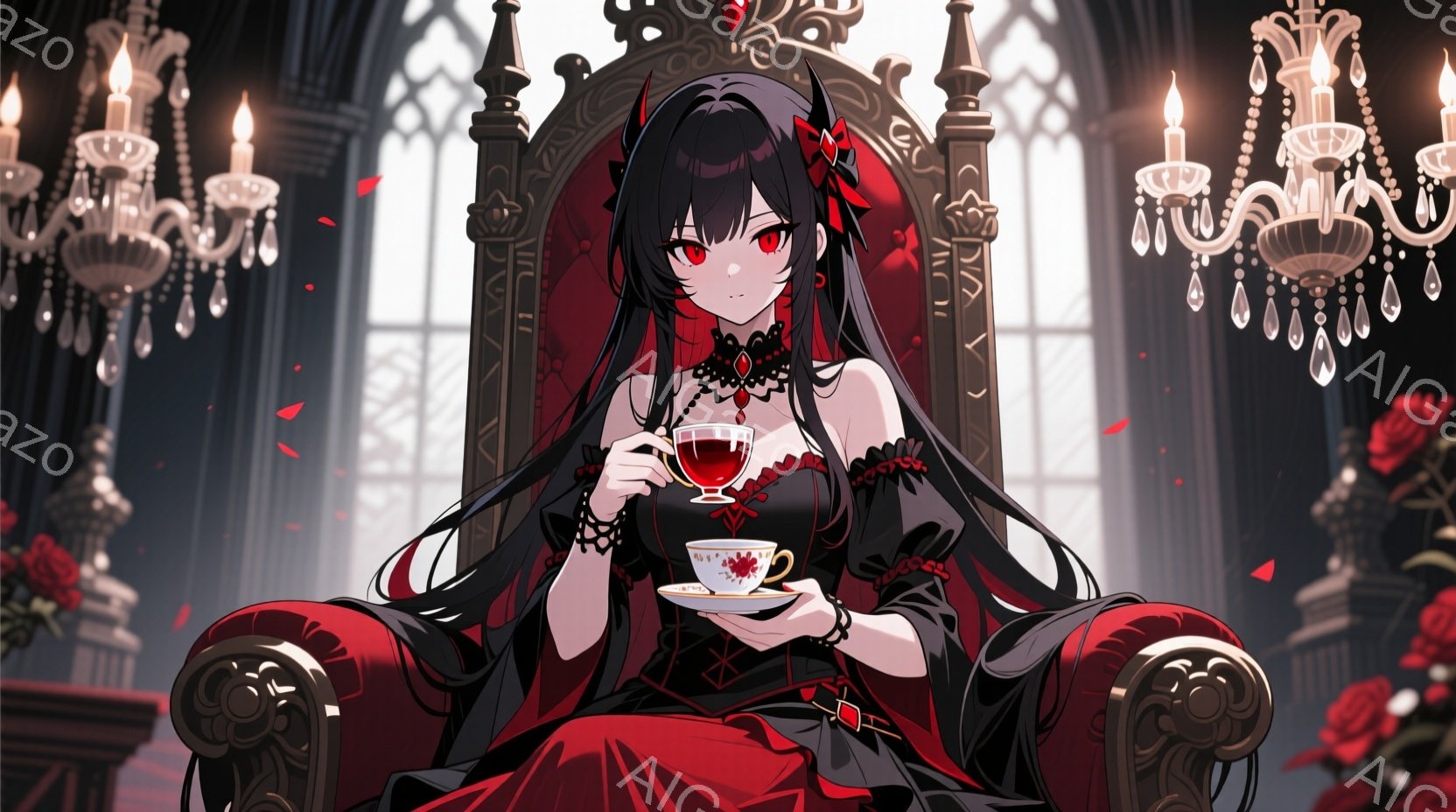 長い黒髪に赤いリボンをあしらった女性が、豪華な赤い椅子に座り、手にティーカップを持っている。彼女は黒いドレスを着ており、首元には繊細なレースがあしらわれている。背景にはステンドグラスの窓とシャンデリアが見え、赤いバラの花びらが舞い散る、重厚でゴシックな雰囲気である。
