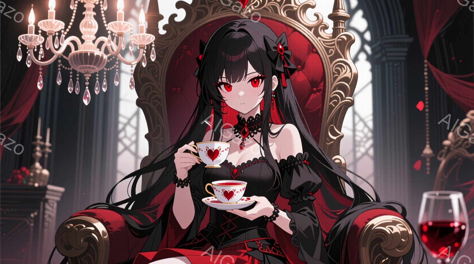 長い黒髪に赤いリボンをあしらった女性が、豪華な赤い椅子に座り、カップに入った飲み物を楽しんでいます。彼女は黒いレースのドレスを着ており、顔にはわずかな微笑みが浮かんでいます。背景には、シャンデリアやワイングラスが見え、全体的にゴシック調で華やかな雰囲気が漂っています。