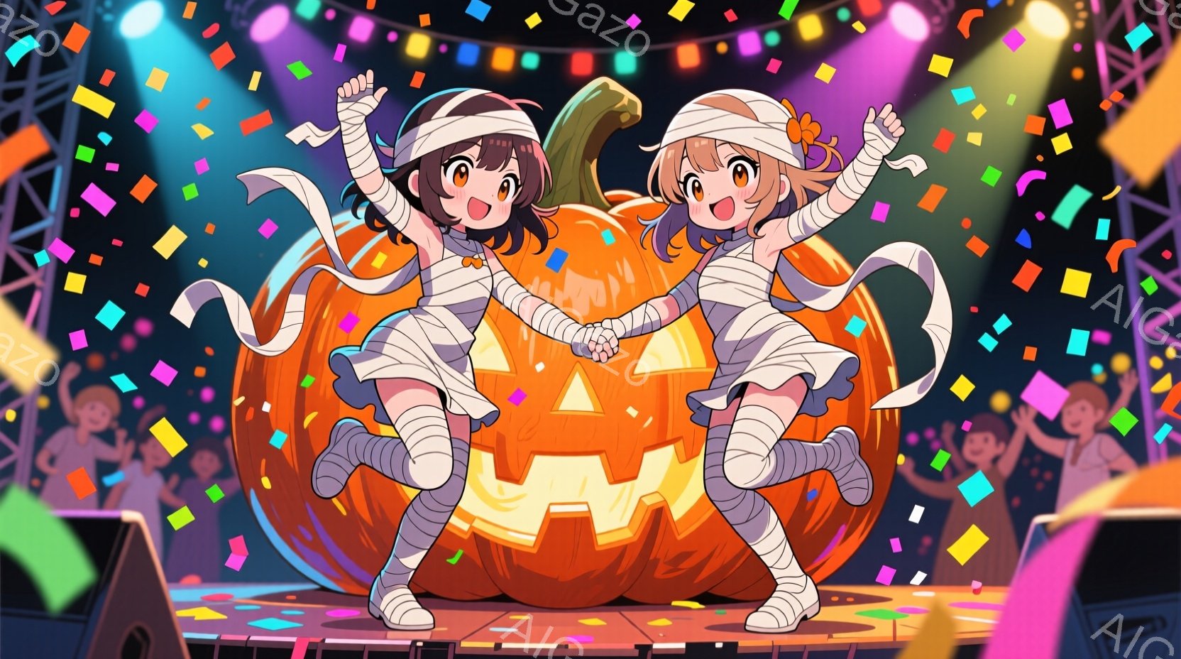 ２人の女の子がミイラの衣装を着て、大きなジャック・オー・ランタンの前で手を繋いで踊っています。彼女たちは明るい笑顔で、元気いっぱいの表情をしています。背景には色とりどりの紙吹雪が舞い、ステージのような - AI生成フリー素材