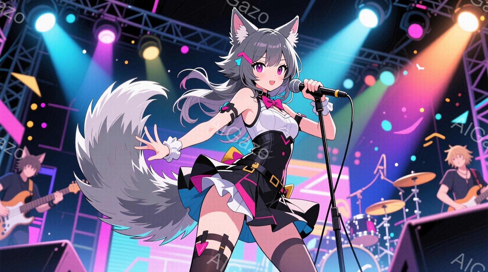 舞台上でマイクを持つ女性が描かれています。彼女は灰色の毛並みの大きな尻尾と猫耳を持つキャラクターで、黒いミニスカートと白いブラウス、太ももベルトを着用しています。背景には他のバンドメンバーが演奏してお - AI生成フリー素材