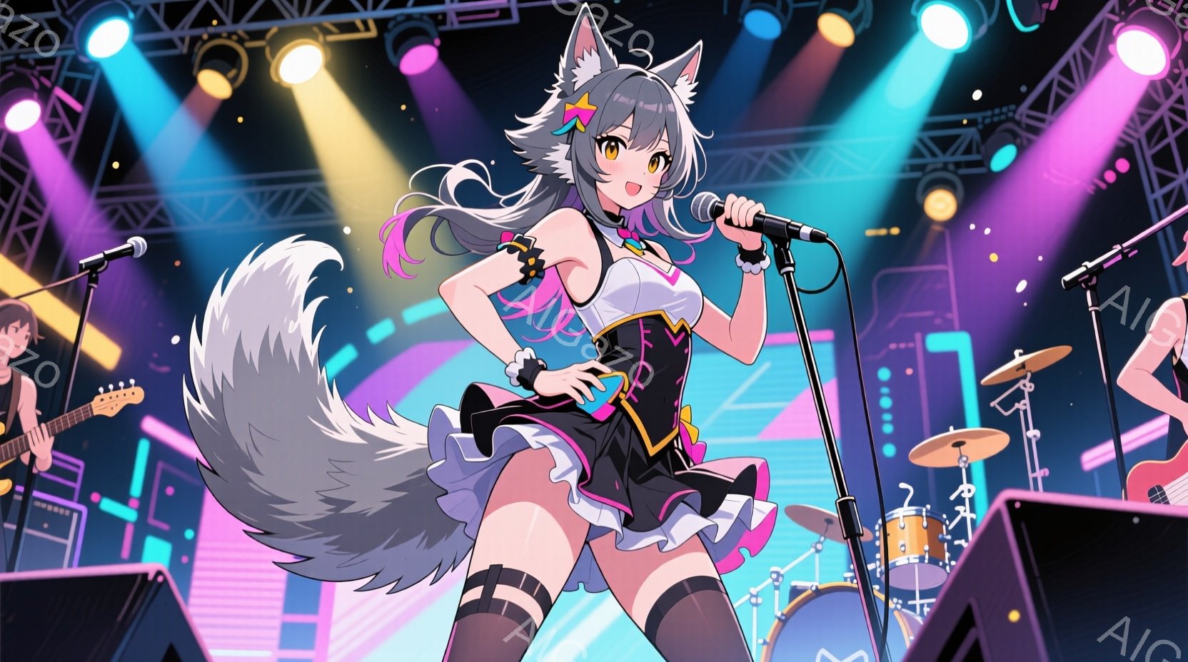明るいピンクと紫色の照明が照らすステージ上で、動物の耳と尻尾を持つ女性がマイクに向かって歌っています。彼女は黒いミニスカートと白いトップス、太もも丈の靴下を着ており、ポニーテールとサイドのピンク色の髪 - AI生成フリー素材