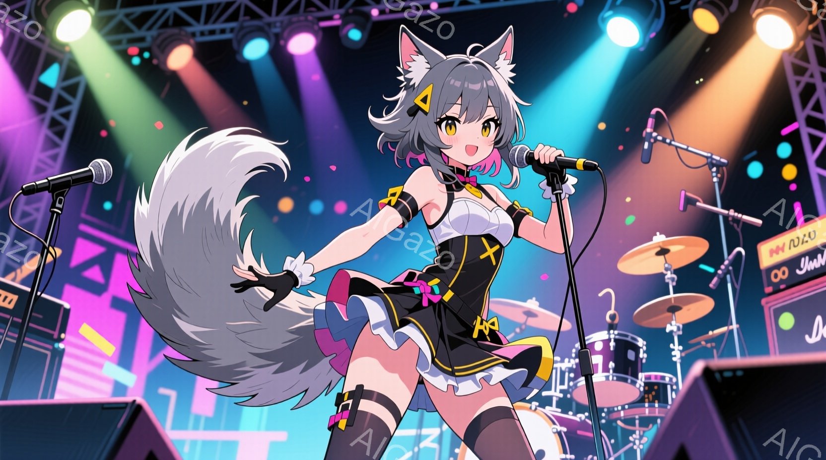 明るい紫色の照明が照らすステージで、動物の耳と尻尾を持つ若い女性がマイクに向かって歌っている。彼女は白いトップスに黒いスカート、太もも丈の靴下を履いており、姿勢は活発で、片手を上げてパフォーマンスをしている。背景には楽器やスピーカーが配置され、コンサート会場の雰囲気が漂っている。