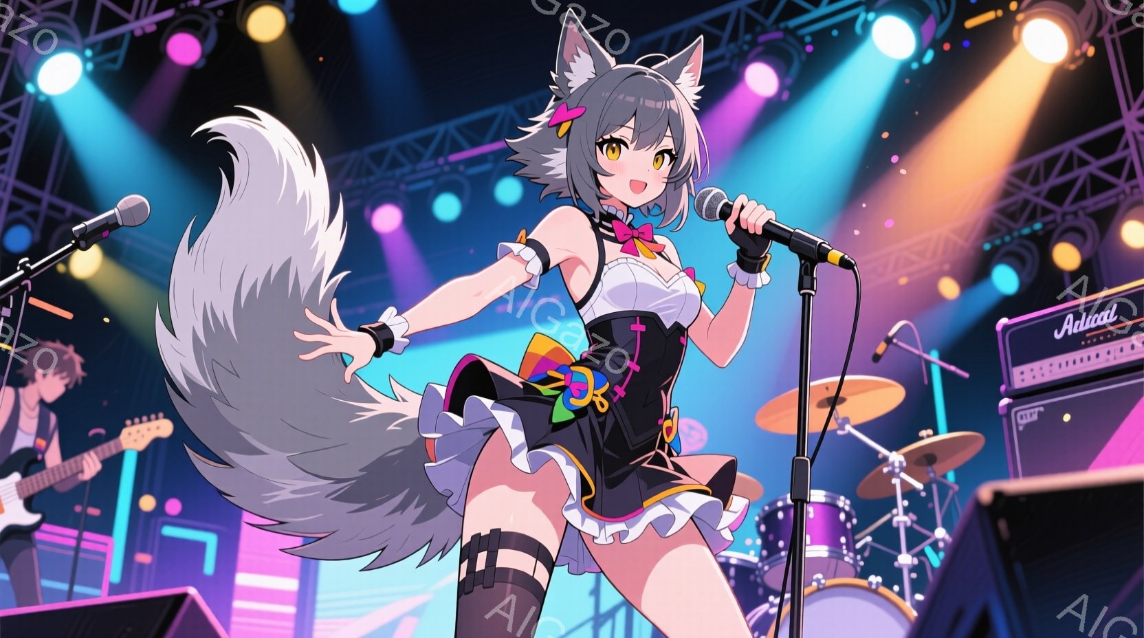 ステージで歌う若い女性を描いています。彼女は白いふわふわの尾を持つ灰色の髪の毛と明るい目のキャラクターで、黒と白の衣装にピンクのアクセントが施され、ミニスカートとニーハイソックスを着用しています。背景には、ドラムセット、アンプ、ギタリストの姿がぼんやりと見え、華やかなステージ照明が彼女を照らしています。