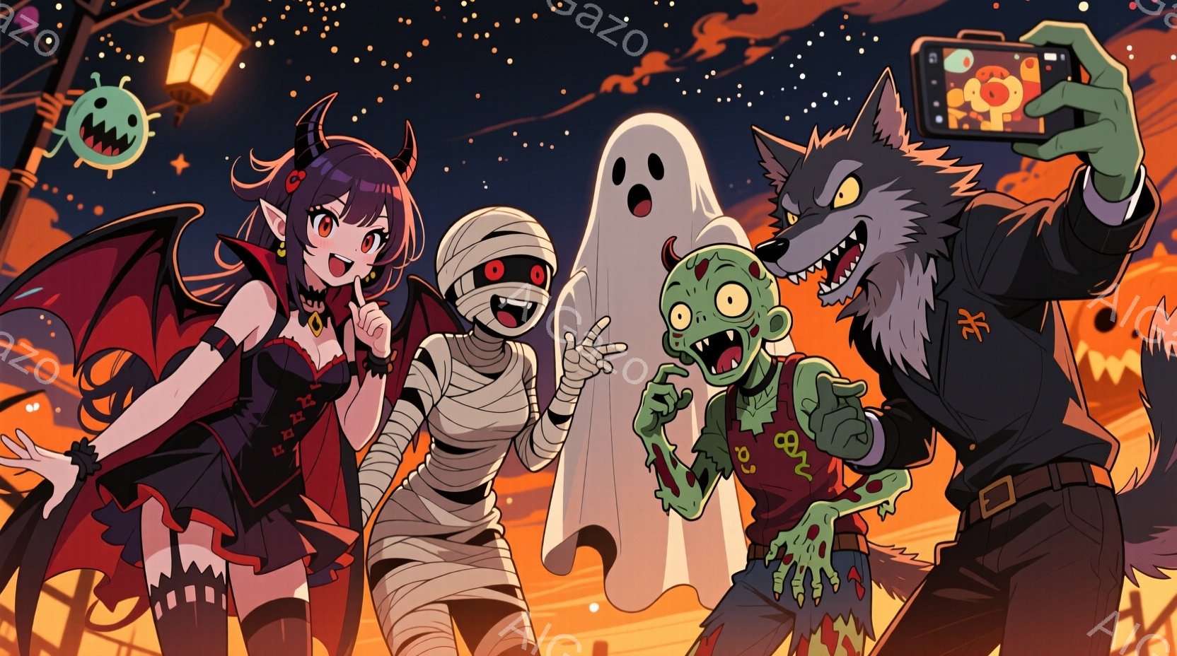 ハロウィーンの衣装を着たキャラクターたちが写っているイラストです。赤い髪で角のある女の子は、黒いドレスとブーツを着てポーズをとっており、ミイラ男は包帯で全身を覆い、ゾンビは緑色の肌と裂けた服を着て、狼 - AI生成フリー素材