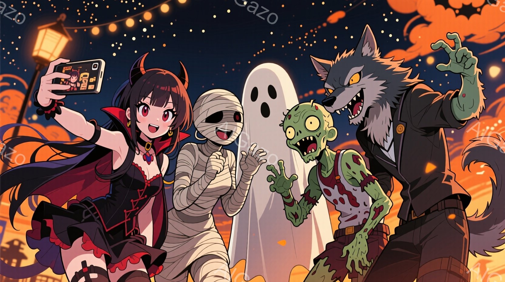 ハロウィーンの夜に、吸血鬼、ミイラ、ゾンビ、人狼のキャラクターたちが集まって自撮りしているイラストです。吸血鬼は黒髪で赤いドレスを着ており、ミイラは包帯で体を覆っています。背景には、かぼちゃのランタンや星空が描かれており、お祭り気分を盛り上げています。