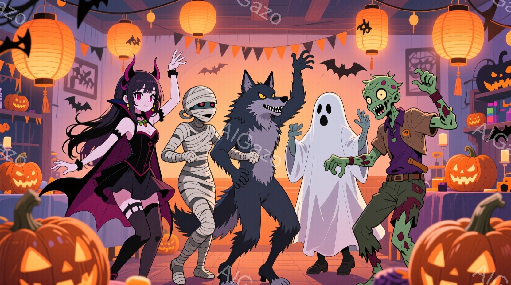 ハロウィーンをテーマにしたイラストで、吸血鬼、ミイラ、狼男、幽霊、ゾンビが楽しそうにポーズを取っています。吸血鬼は黒いドレスと赤い髪で、ミイラは包帯で体を覆い、狼男は毛むくじゃらの姿で、幽霊は白い布を - AI生成フリー素材