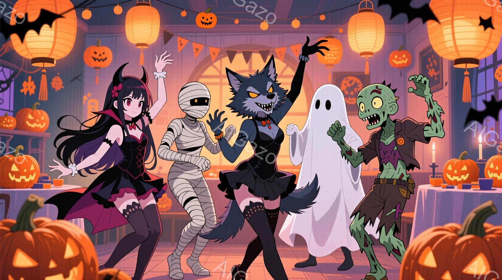 ハロウィーンのコスチュームを着たキャラクターたちが楽しそうに立っているイラストです。吸血鬼風の少女は黒と赤のドレスを着ており、巻き毛の髪型に、少しいたずらっぽい表情をしています。背景にはカボチャのラン - AI生成フリー素材