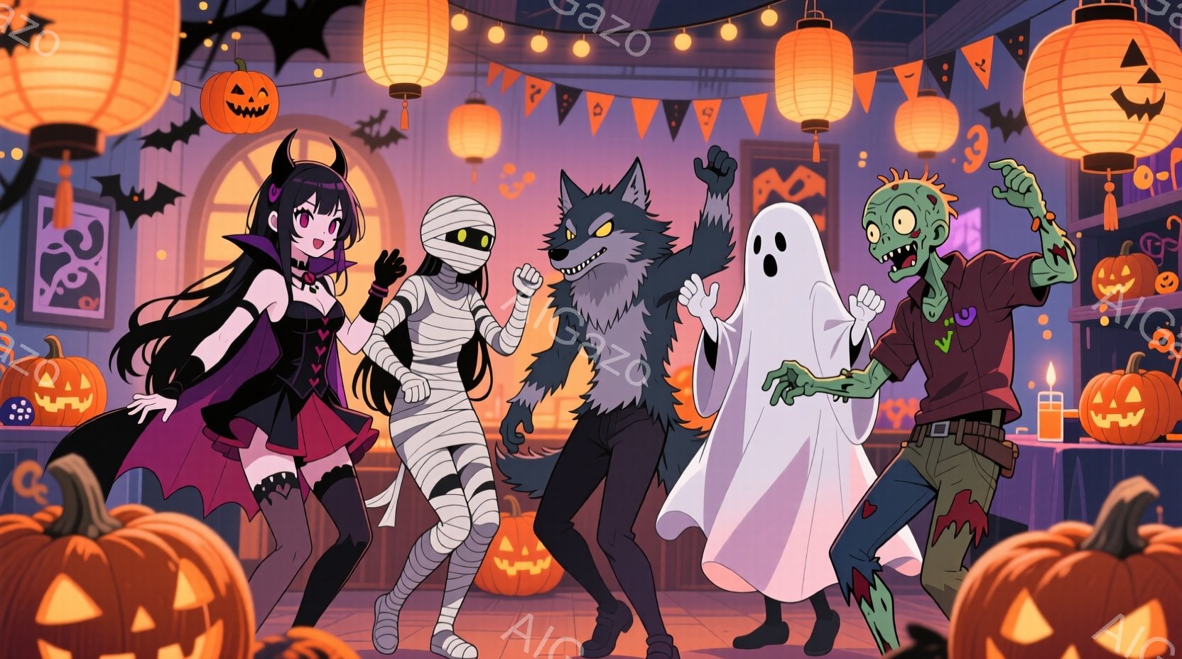 ハロウィーンの衣装を着たキャラクターたちが、オレンジ色のジャック・オー・ランタンに囲まれて楽しそうに立っています。吸血鬼の女の子は黒いドレスと赤いリボンで飾られた髪をしており、ミイラは包帯で全身を覆っ - AI生成フリー素材