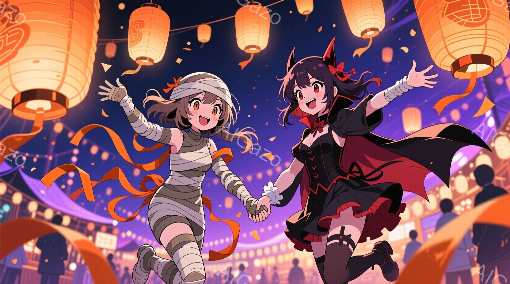 二人の少女が夜の祭りで手をつないで走っている様子が描かれている。片方の少女はミイラのコスチュームで、包帯で腕と脚が巻かれ、オレンジ色のリボンで締められている。もう一人の少女は黒いドレスで、背中に翼のよ - AI生成フリー素材