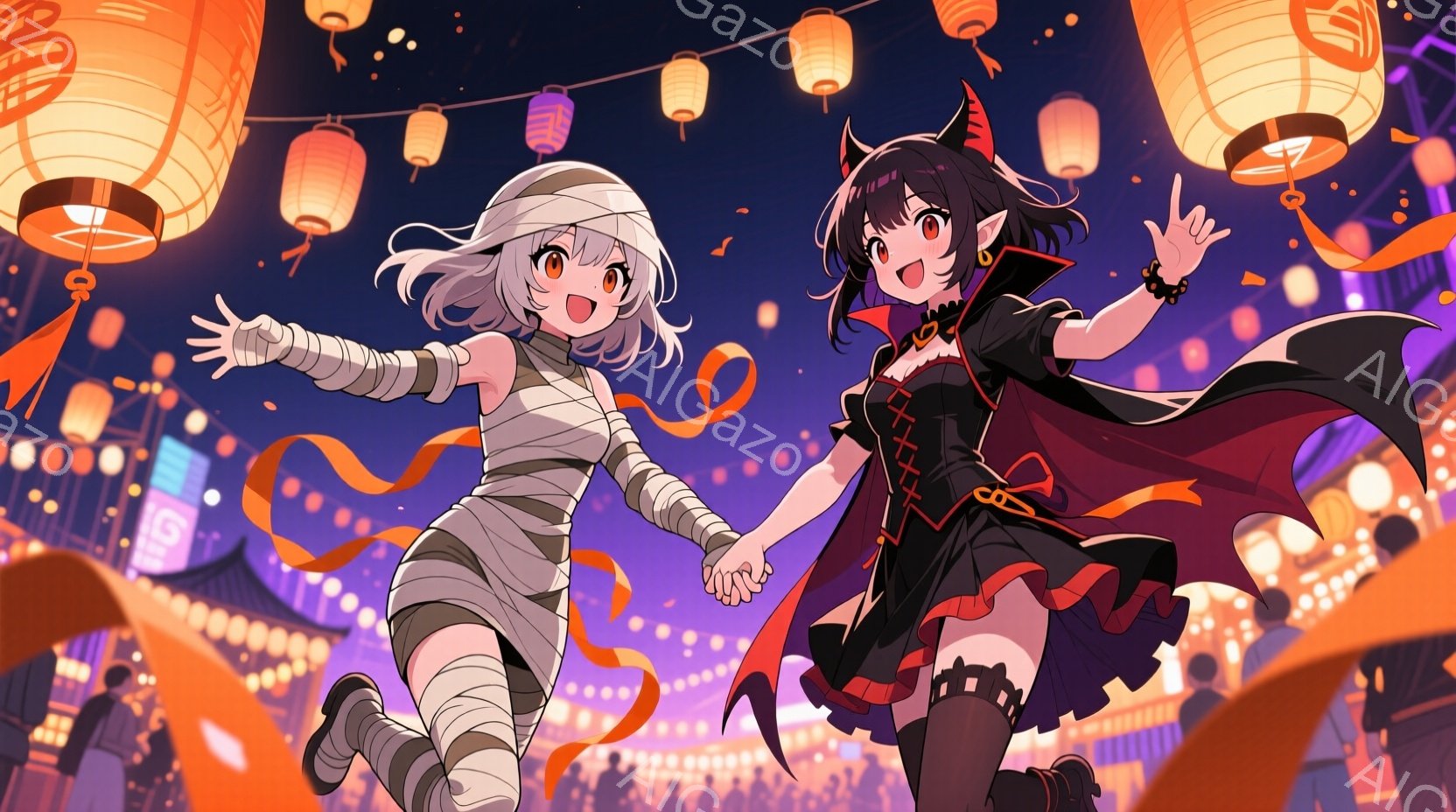 少女たちはハロウィーンの衣装を着て、夜の街を走り出している。一人はミイラの衣装で、白髪を無造作に飾り、楽しげな表情で両手を広げている。もう一人は黒いドレスとマント、そして角のついたヘッドバンドを身につけ、赤いリボンを片手に持ち、活発に走っている。