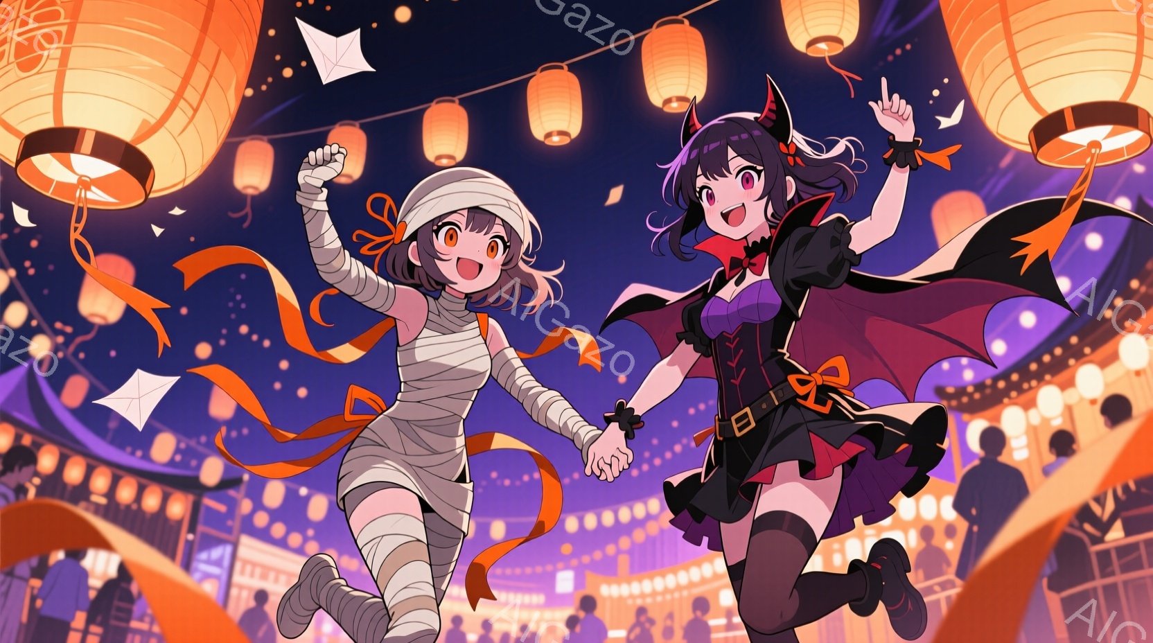 二人の少女が夜の祭りで楽しそうに駆け抜けている様子が描かれています。片方はミイラのような包帯で体を覆い、もう片方は黒いドレスと翼を持つ吸血鬼風の衣装を身に着けており、共に明るい笑顔を見せています。背景 - AI生成フリー素材