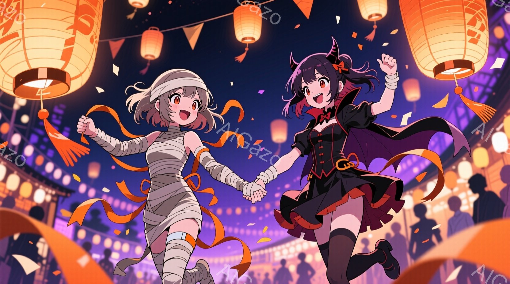 少女たちはハロウィーンのイベントで楽しそうに手をつないで走っている。一人はミイラのような包帯で体を飾り、茶色の髪を少し乱したスタイルで明るい表情を浮かべている。もう一人は黒いドレスに赤いリボンと蝙蝠の - AI生成フリー素材