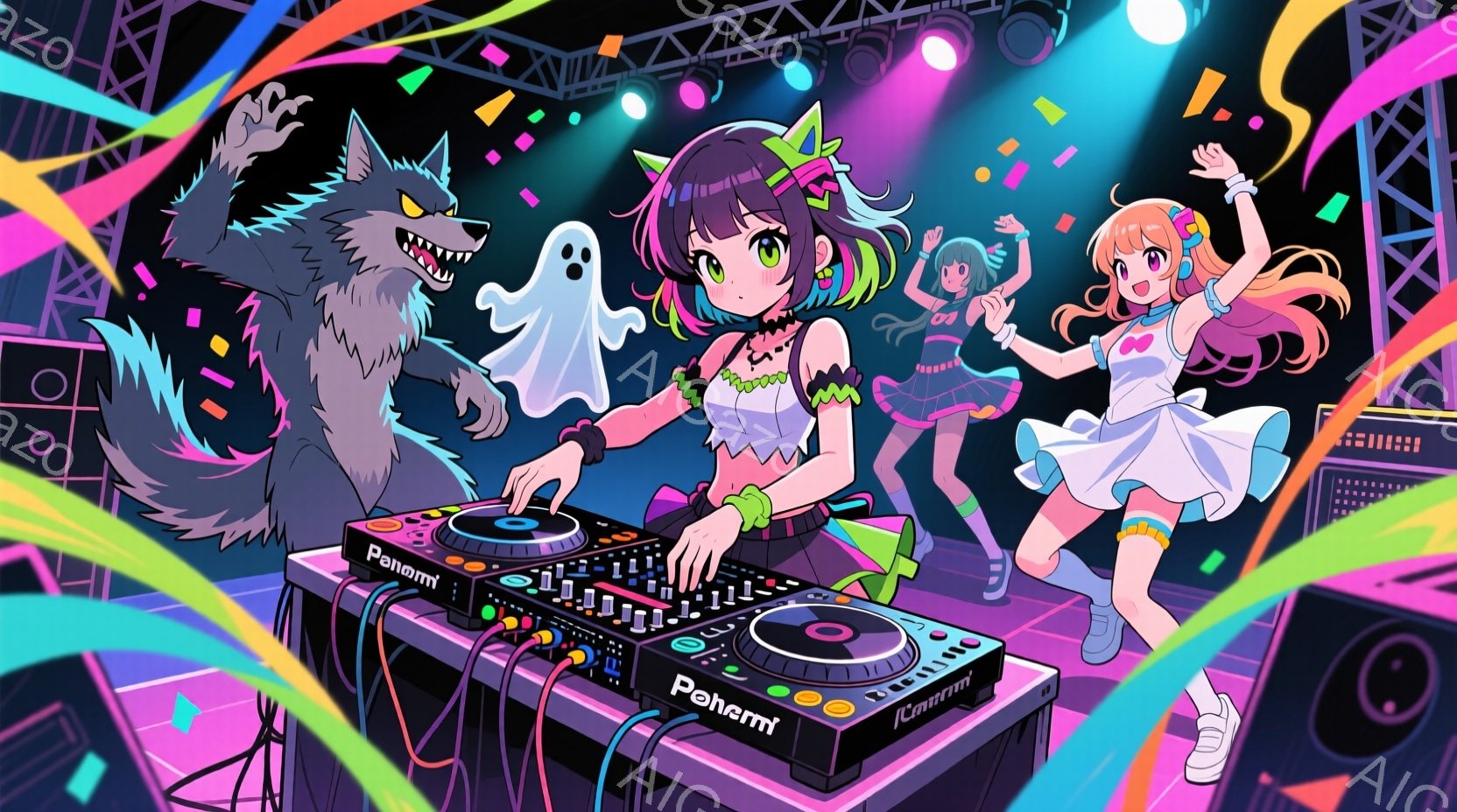鮮やかなネオンライトが輝くダンスフロアで、若い女性DJがターンテーブルを操っています。彼女は緑と紫のグラデーションヘアで、白いクロップドトップスにピンクのスカートを着用し、楽しそうに微笑んでいます。背景には狼と幽霊が踊っており、巨大なスピーカーやカラフルな光がパーティーの熱気を高めています。