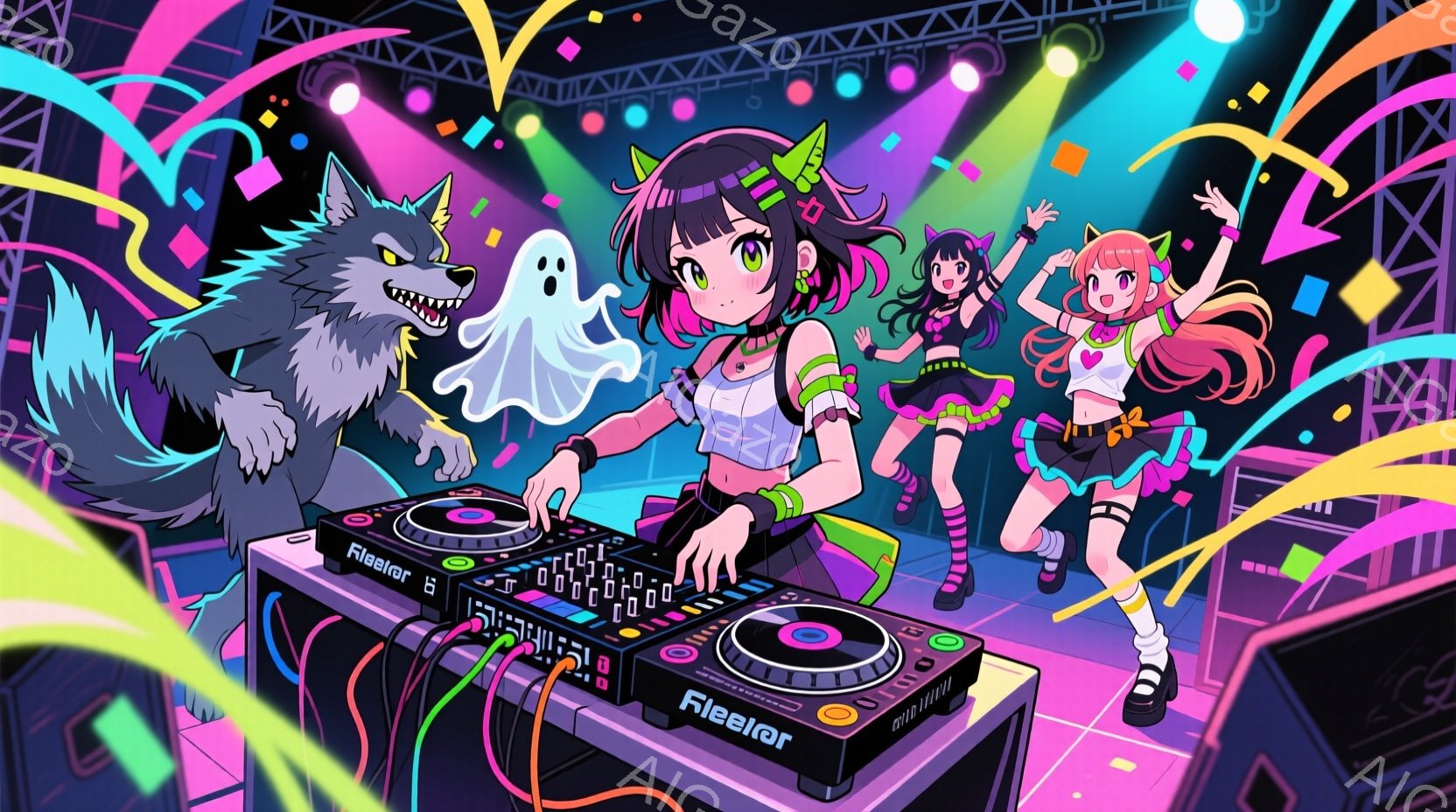 鮮やかなネオンカラーの背景に、女性DJと踊る女性、そして狼と幽霊が描かれています。DJはピンク色の髪をポニーテールにし、ヘッドホンを着用し、真剣な表情でDJブースを操作しています。踊る女性は、オレンジ色の髪をツインテールにし、紫色の服を着て、楽しそうに踊っています。
