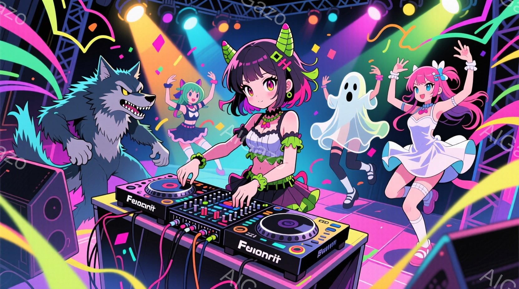 少女がDJブースの前でDJをしているイラストです。彼女は緑色の髪にヘッドホンをつけ、黒いトップスと短いスカートを着ています。背景には、狼と幽霊のキャラクターがおり、ネオンカラーの光が輝き、パーティーのような賑やかな雰囲気です。
