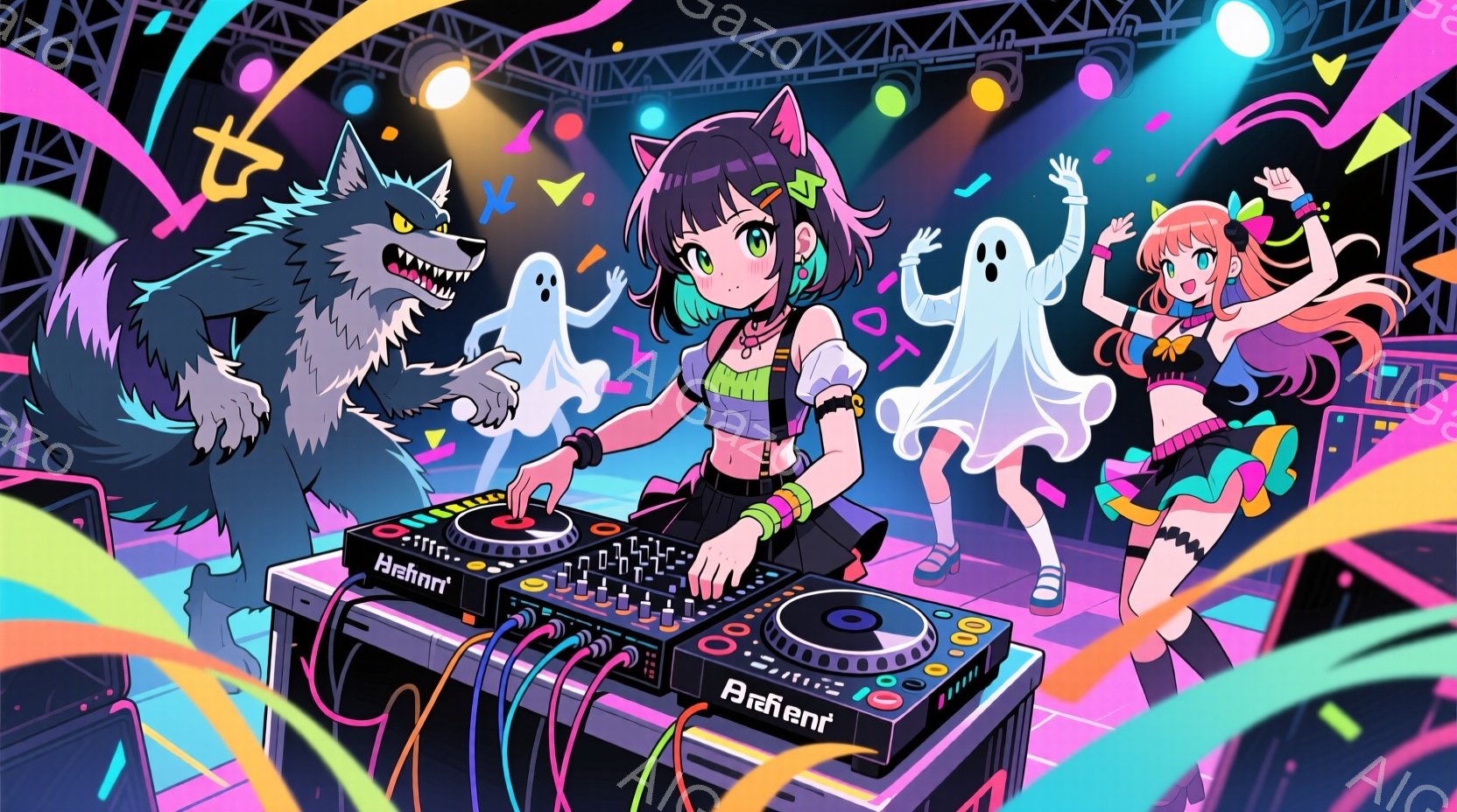 明るい背景の中で、若い女性がDJブースの前でDJをしている様子が描かれています。彼女は黒いタンクトップとピンクのスカートを身につけ、緑色のヘアアクセサリーをつけています。背景にはお化けや狼、カラフルな - AI生成フリー素材