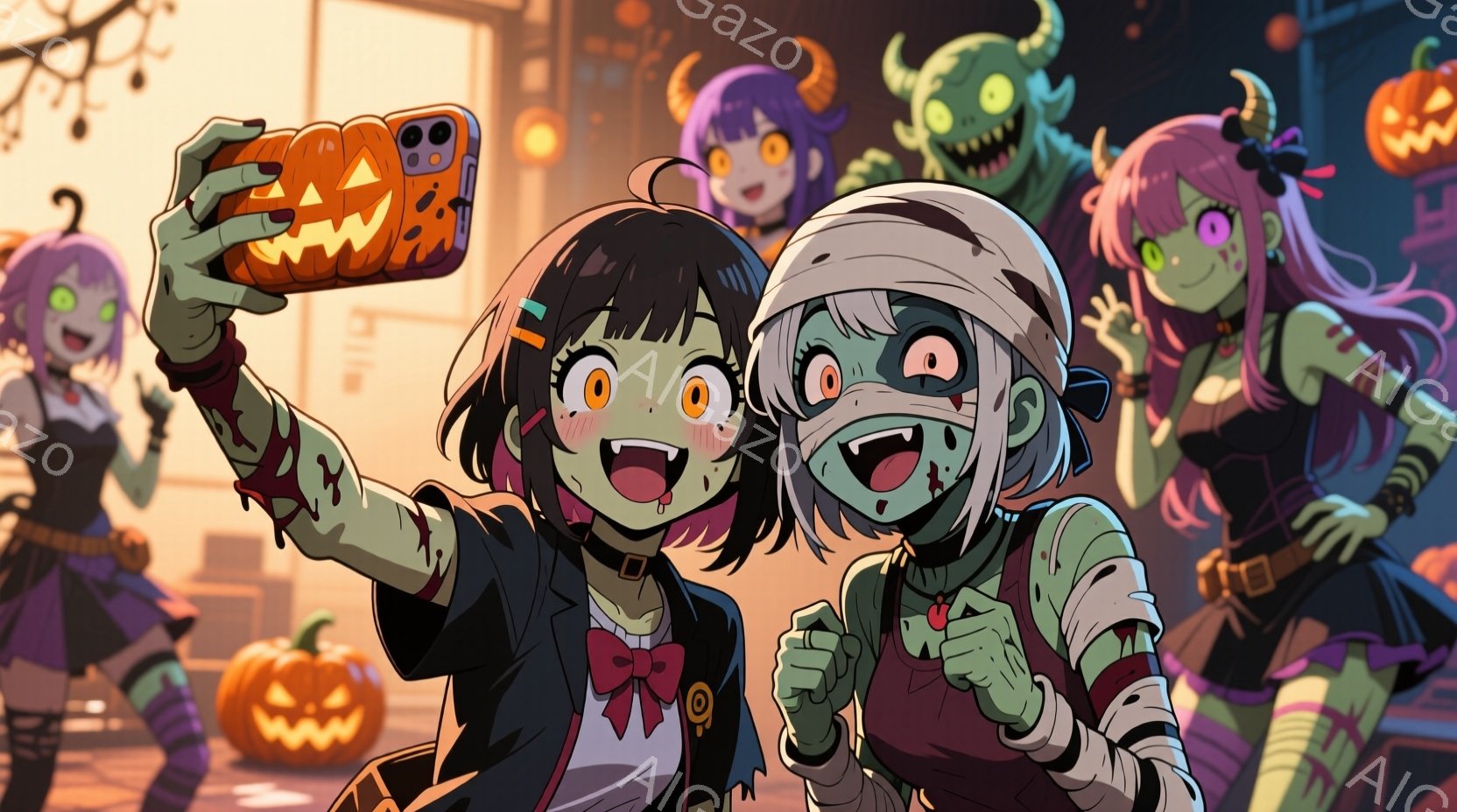 ハロウィーンの装いをした若い女性たちが、自撮り棒を使って集合写真を撮っています。彼女たちはそれぞれゾンビ、ミイラ、魔女、そしてもう一人の魔女のようなコスチュームを着ており、表情は楽しげで活発です。背景 - AI生成フリー素材