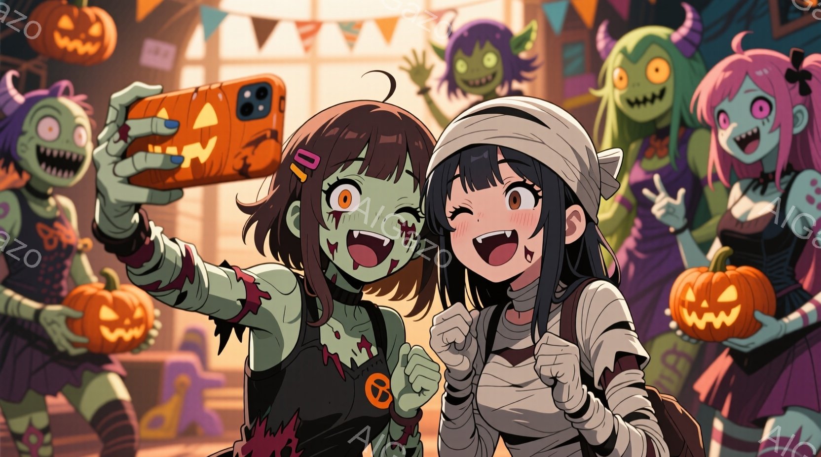 ハロウィーンをテーマにしたイラストで、ゾンビとミイラのコスチュームを着た2人の若い女性がセルフィーを撮っています。ゾンビの女性は緑色の肌で、黒いドレスにオレンジ色のカボチャのモチーフがついており、ミイ - AI生成フリー素材