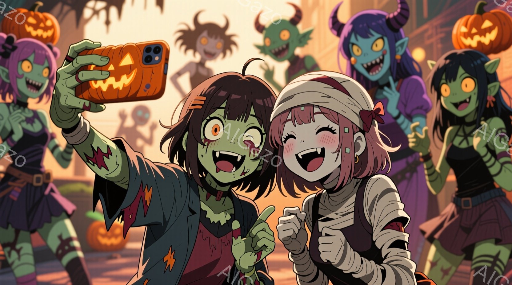 ハロウィーンをテーマにしたイラストで、ゾンビや魔女に扮したキャラクターたちが写っています。2人の若い女性はそれぞれゾンビとミイラのメイクをしており、スマートフォンで自撮りをしています。背景には、カボチ - AI生成フリー素材