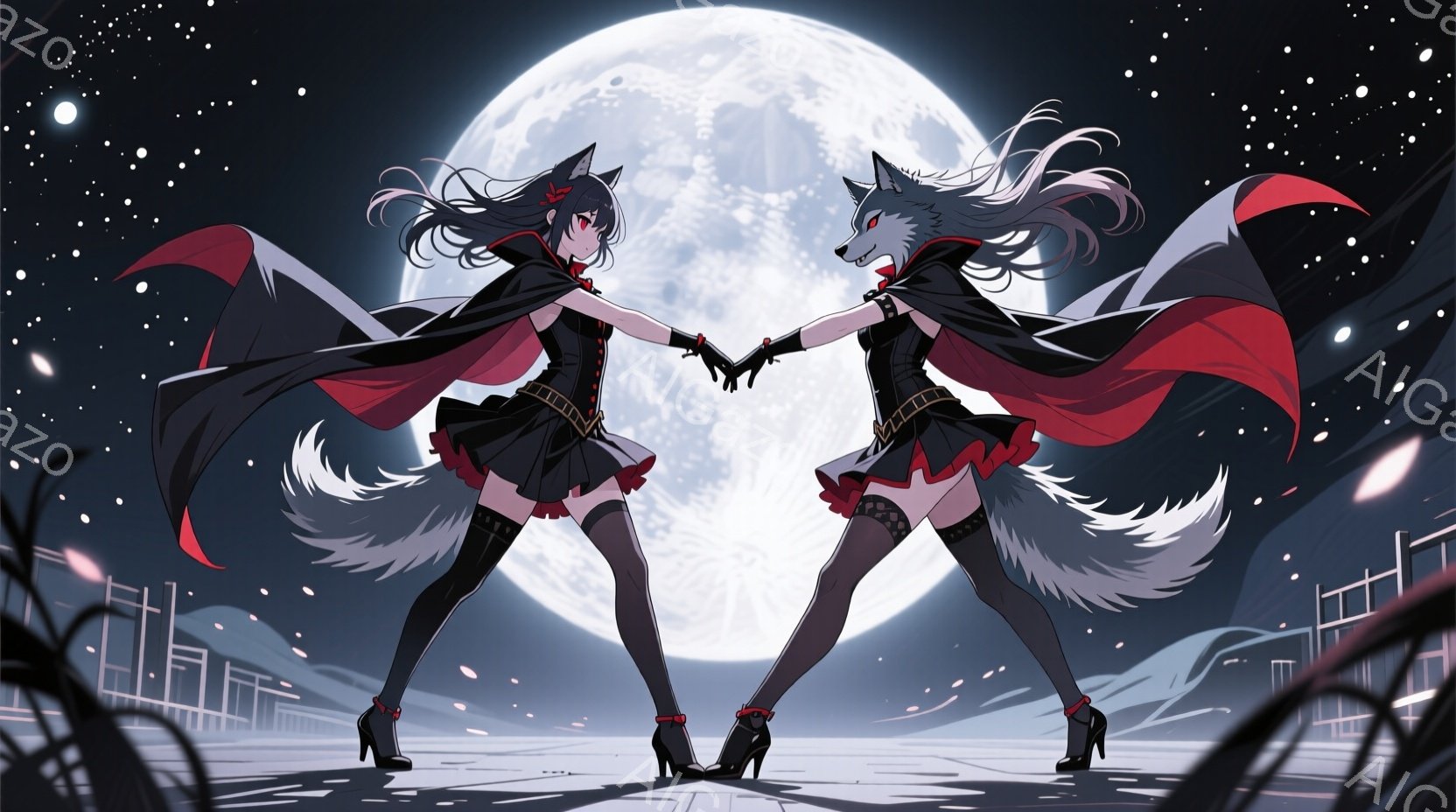 二人の女性が互いに向き合い、手を繋いで立っている。彼女たちは黒を基調とした衣装を着用しており、ハイヒールと太もも丈の靴下を合わせている。背景には月明かりに照らされた街並みと、雪が舞う夜空が広がっており - AI生成フリー素材