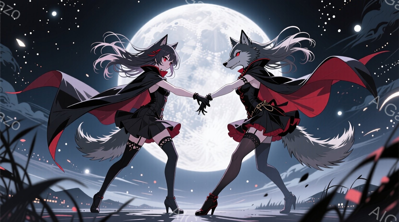 2人の女性が、満月の下で互いに手をつないで踊っている。彼女たちは黒いドレスと赤いマントを身につけ、狼のような耳と尻尾を持っている。背景には、街の明かりと山々が見え、夜空には星が散りばめられている。