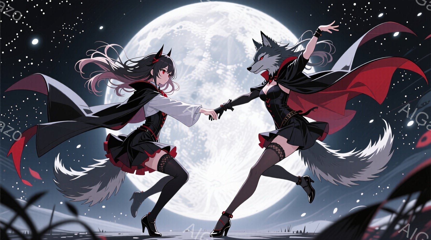 少女と狼の姿をした女性が、月明かりの下で手を取り合って踊っている。彼女たちは黒いドレスとハイヒールを身に着け、片方は狼の尾と耳を持っており、もう片方は長い黒髪をなびかせている。背景には雪景色が広がり、 - AI生成フリー素材