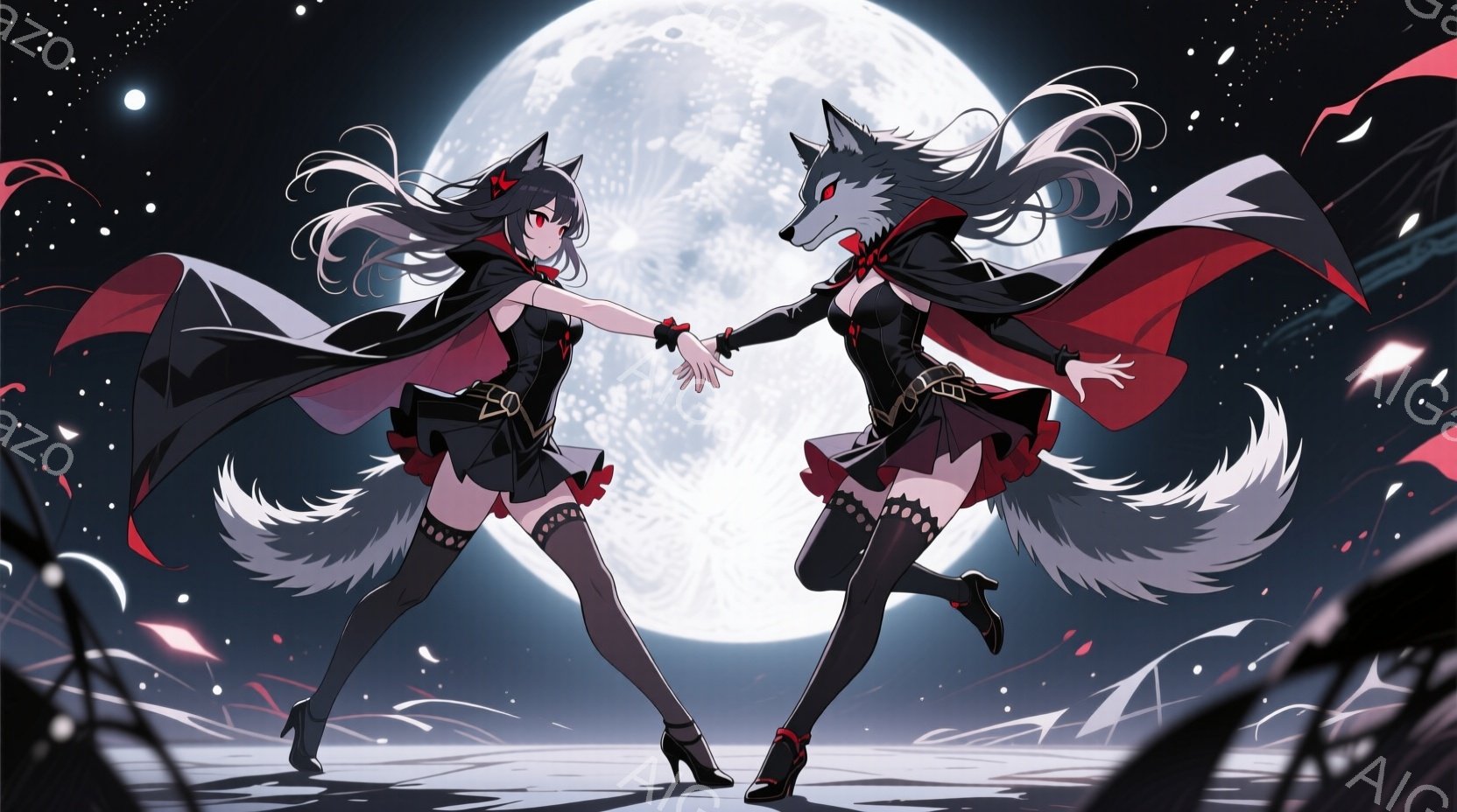 舞台上で、狼のキャラクターがギターを弾き、若い女性がマイクに向かって歌っています。女性は黒いドレス、太もも丈の靴下、そして紫と黒のグラデーションの髪型をしており、活気に満ちた表情で歌っています。背景には、ハロウィーンの装飾、スピーカー、ドラムセットがあり、ステージ全体に不気味でエネルギッシュな雰囲気が漂っています。