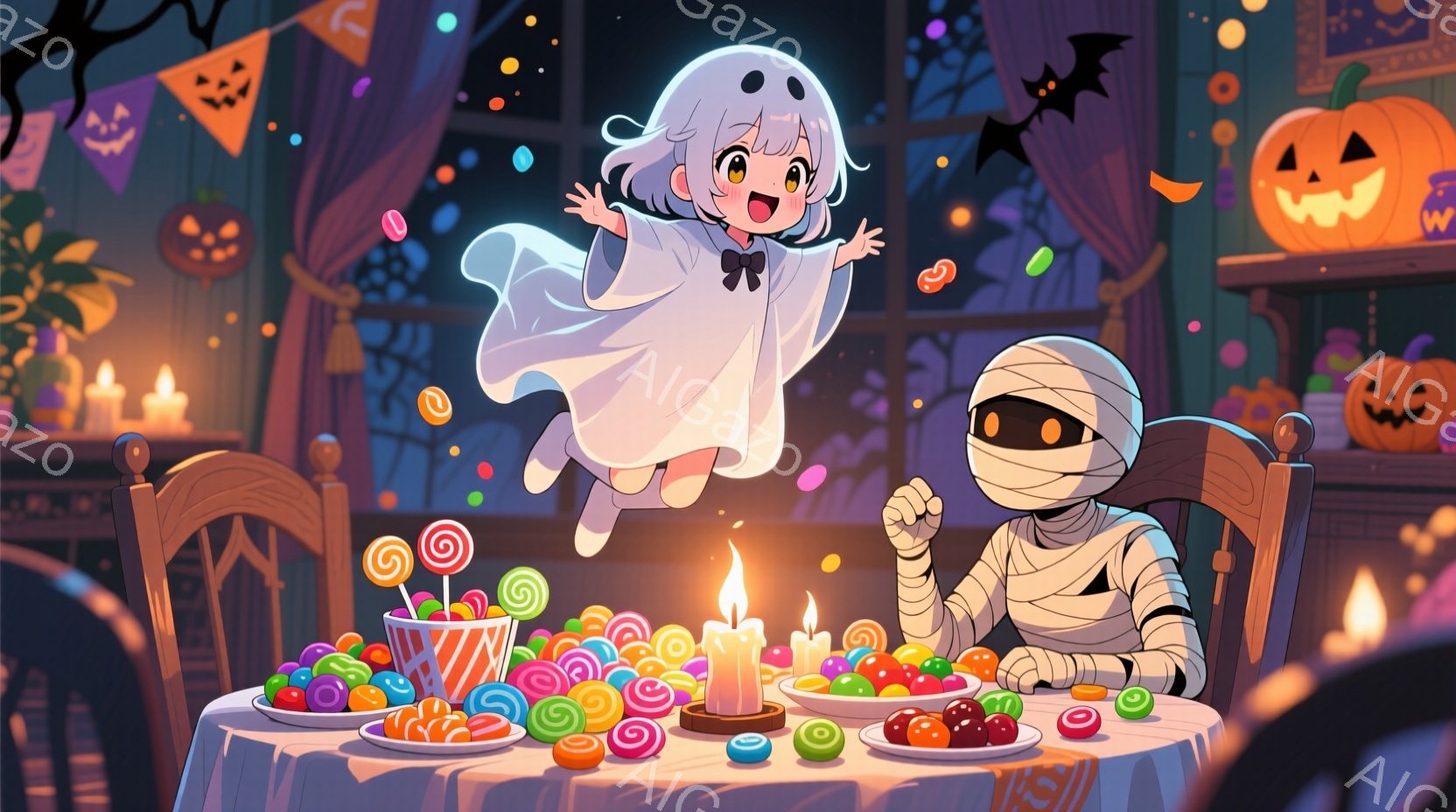 少女は白い幽霊の衣装を着ており、短い髪にはリボンが付いています。彼女は嬉しそうに空中に浮かんでおり、テーブルに並んだキャンディーを見ています。背景にはハロウィンの飾り付けが施された部屋が広がり、暖かく楽しい雰囲気が漂っています。