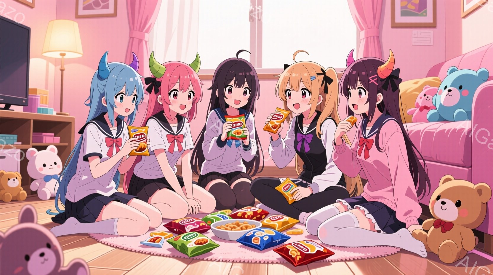 ５人の少女たちが円になって座り、お菓子を広げて楽しんでいます。彼女たちはそれぞれ異なる髪色と服装で、制服のような衣装に、頭には角のような飾りをつけています。背景にはテレビやぬいぐるみ、暖炉があり、暖かい雰囲気の部屋の中でくつろいでいる様子が伺えます。