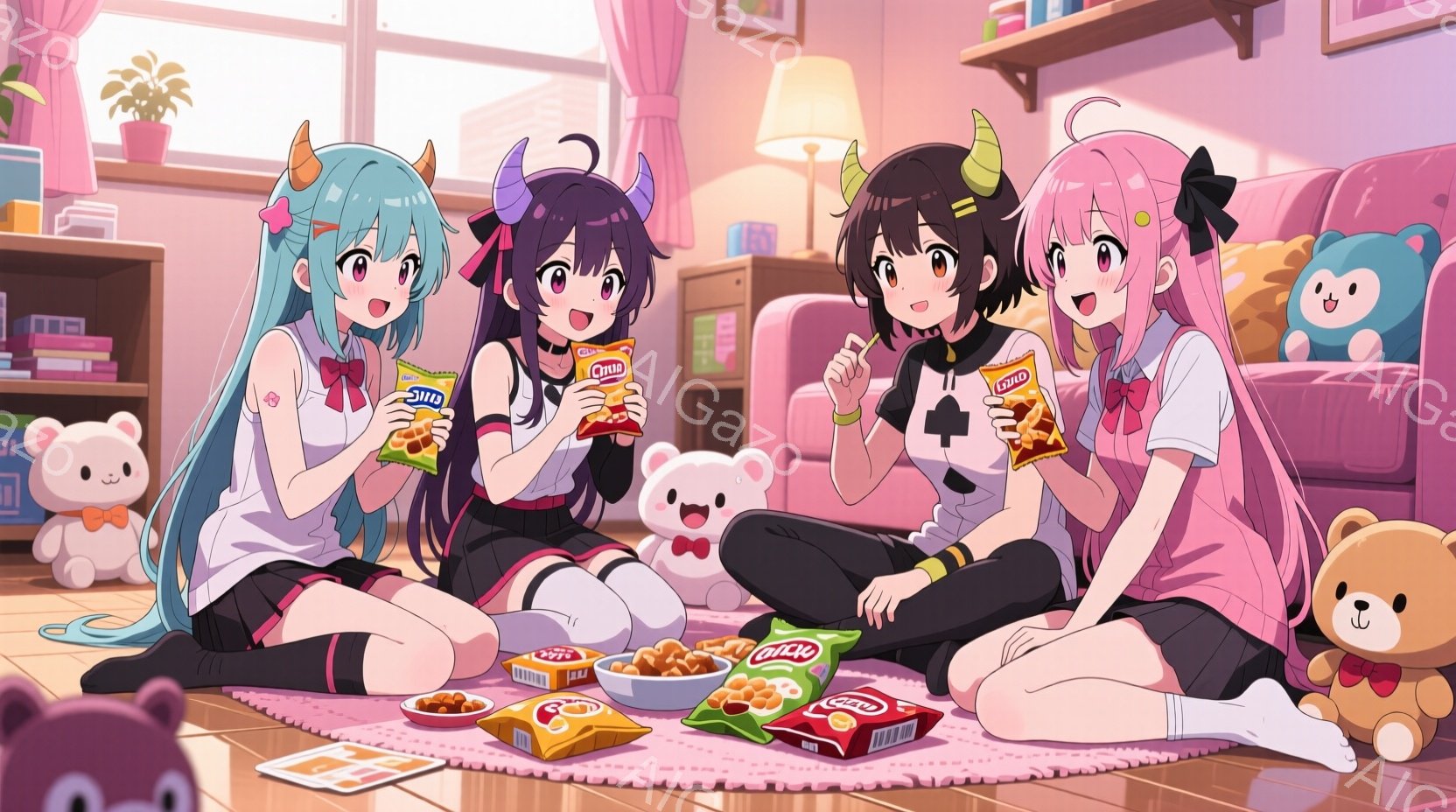 鮮やかな青髪の少女と黒髪の少女が、部屋の真ん中に敷かれた絨毯の上に座ってスナック菓子を楽しんでいます。青髪の少女は、白いブラウスにネクタイ、黒いスカート、ニーハイソックスを着用し、明るい笑顔を浮かべています。黒髪の少女は、黒いトップスとズボンを着用し、少し微笑みながらスナック菓子を手にしています。