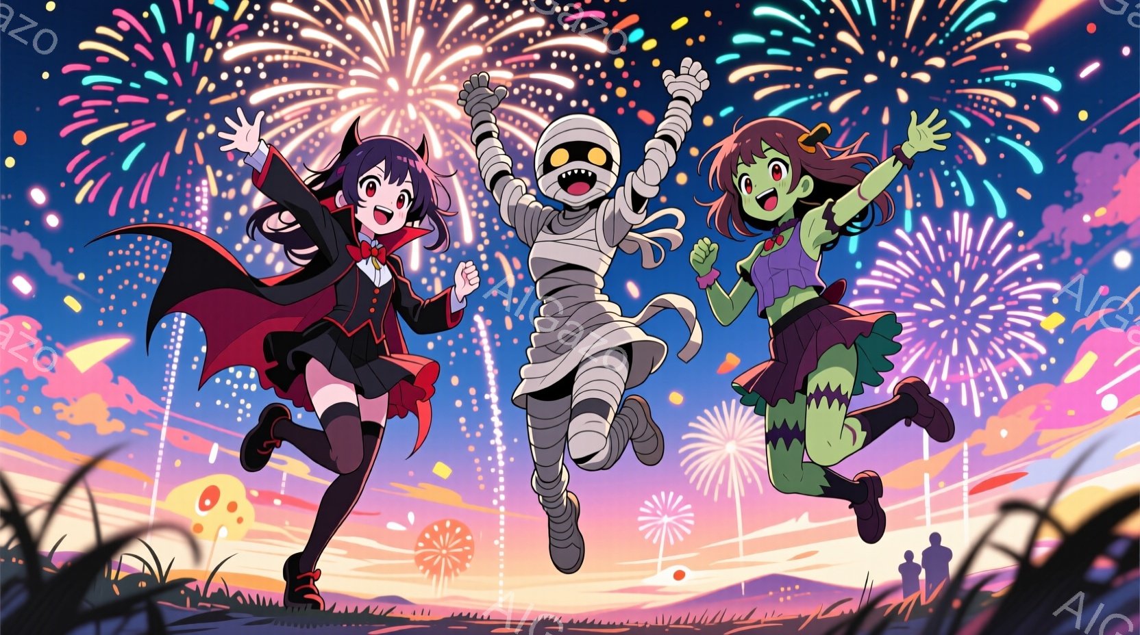 ハロウィーンをテーマにしたイラストで、ヴァンパイア、ミイラ、ゾンビの衣装を着た3人の少女が描かれている。3人はジャンプしており、背景には花火が打ち上げられ、ハロウィーンらしいカボチャのランタンが散りばめられている。全体的に明るく楽しい雰囲気で、ハロウィーンの賑やかさと高揚感が表現されている。
