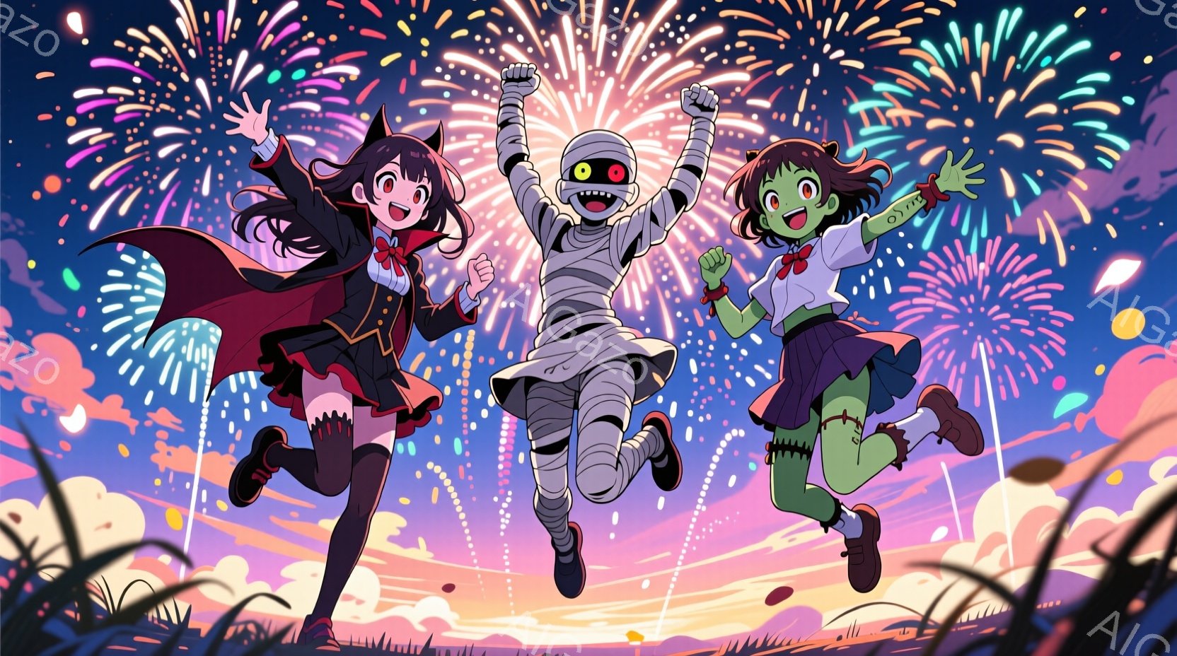 三人のキャラクターが夜空に打ち上げられる花火を背景に、楽しそうにジャンプしている。左の少女は赤いドレスに黒い翼をつけ、長い黒髪をなびかせ、満面の笑みを浮かべている。中央にはミイラの格好をしたキャラクタ - AI生成フリー素材