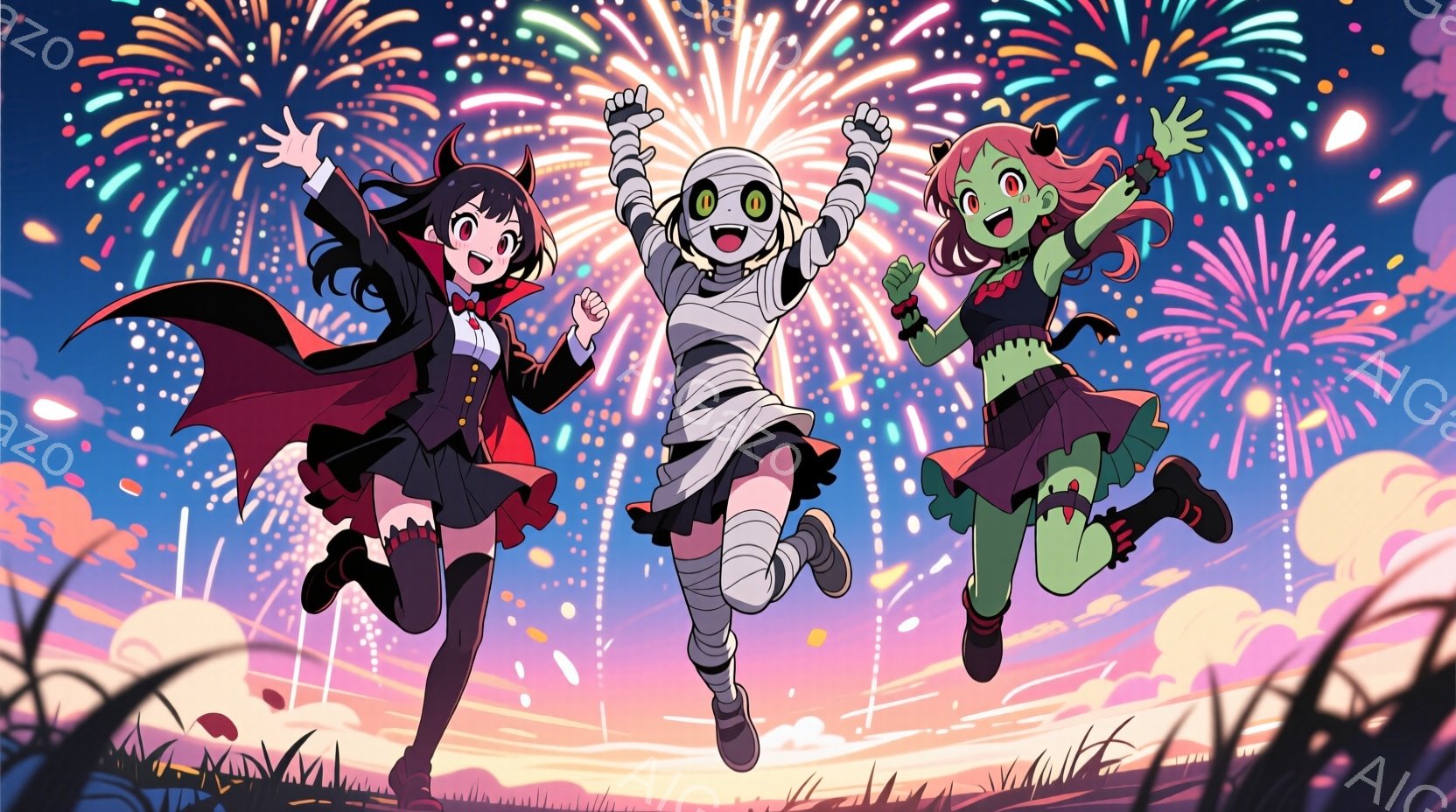 ハロウィーンの衣装を着た３人の少女が描かれています。左の少女は赤いドレスとコウモリの羽のコスチュームを着ており、右の少女は緑色の肌と黒い衣装を着たモンスターの姿です。中央の少女はミイラのコスチュームで - AI生成フリー素材