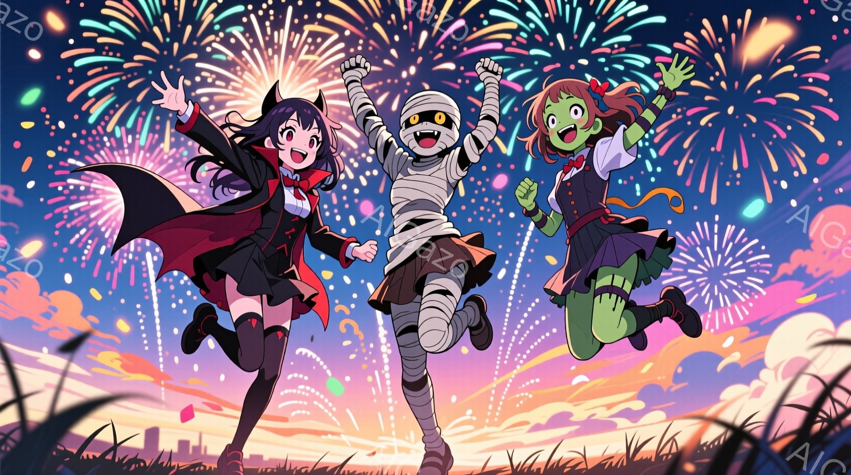 ハロウィーンの衣装を着た3人の少女が草原でジャンプしている様子が描かれています。左の少女は赤いドレスに黒いマントを羽織り、黒髪をツインテールにしています。中央の少女はミイラのような包帯で覆われ、右の少女は緑色の肌と黒髪で、魔女のような服装をしています。