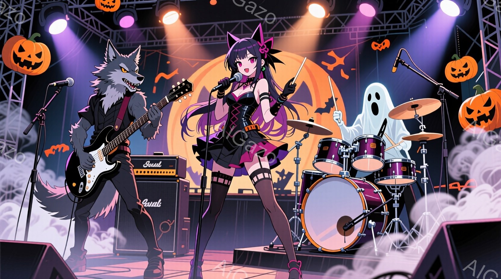 ハロウィーンをテーマにしたライブステージで、狼男と少女が演奏している様子が描かれています。少女は黒いミニドレスに赤いリボン、長い黒髪をツインテールにし、マイクに向かって歌っている。狼男はギターを弾き、背景にはドラムセットと幽霊、カボチャの装飾が施され、会場全体がハロウィーンの雰囲気に包まれています。